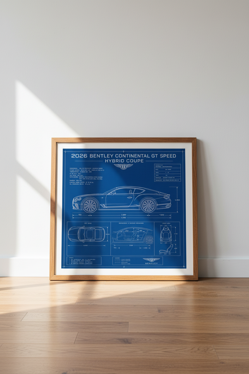 Bentley Continental GT Blueprint | Luxury Car Wall Art, Blue Office Decor
