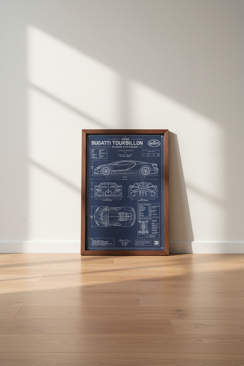 Bugatti Tourbillon Blueprint Wall Art | Hypercar Poster | Automotive Decor