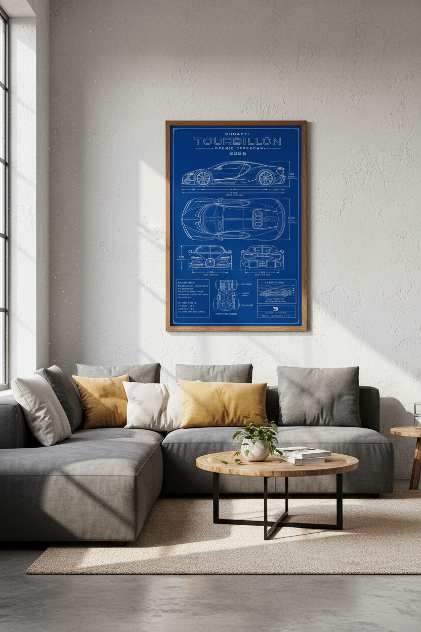 Bugatti Tourbillon Car Blueprint Wall Art | Office Decor | Hypercar Technical Poster