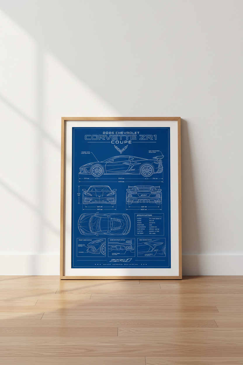 Corvette ZR1 Blueprint Wall Art | Supercar Technical Poster | Man Cave Decor