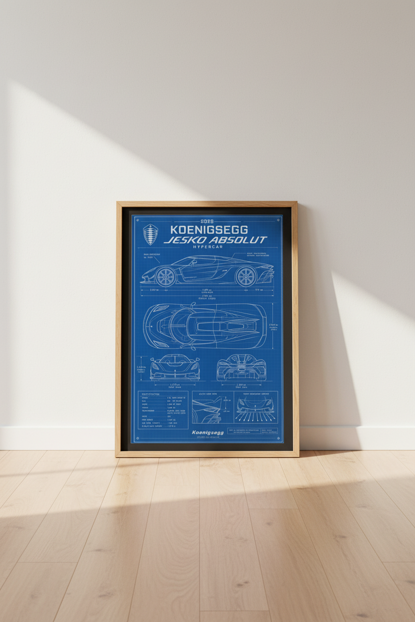 Koenigsegg Jesko Absolut Blueprint Wall Art | Office Decor | Hypercar Poster
