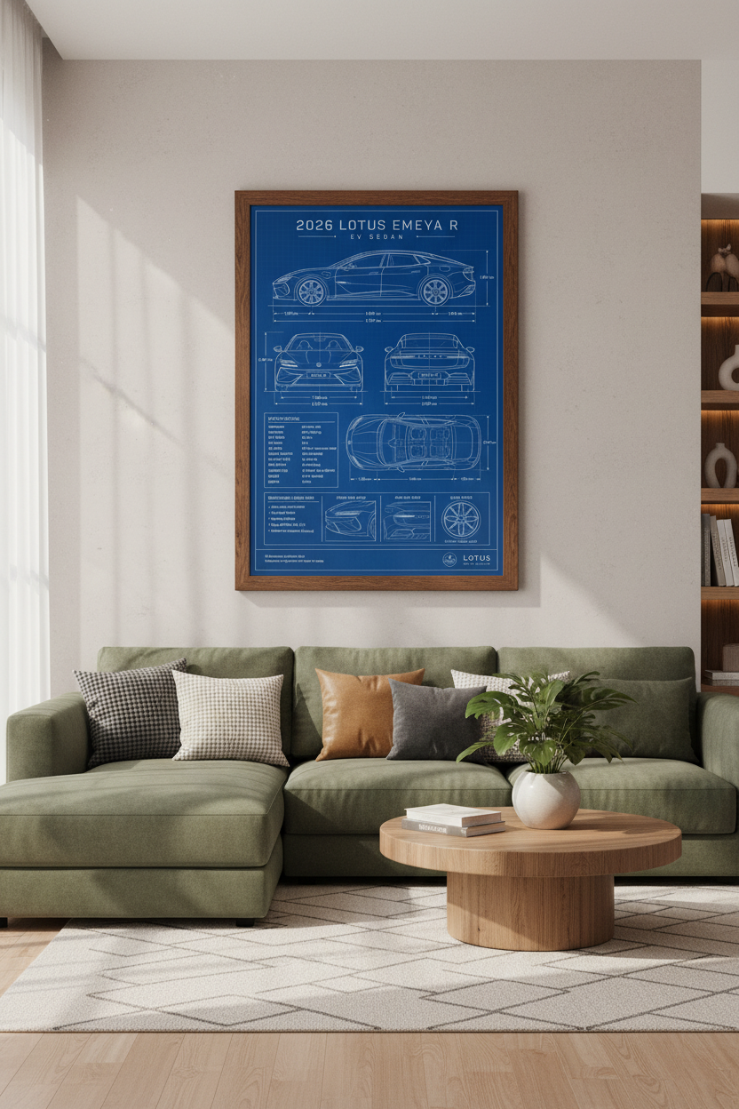 Lotus Emeya R Blueprint Wall Art | EV Sedan Technical Poster, Office Decor