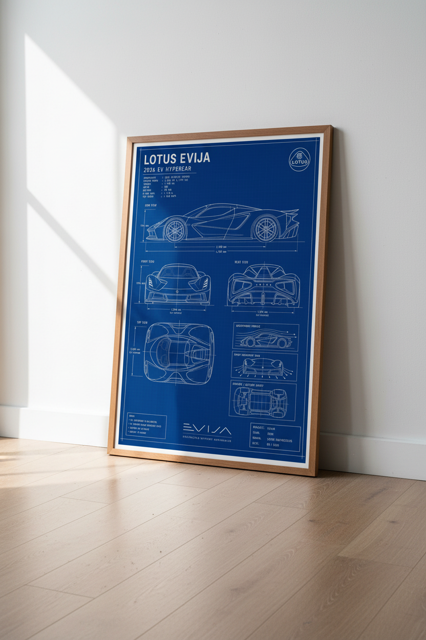 Lotus Evija Blueprint Wall Art | Hypercar Technical Poster, Office Decor