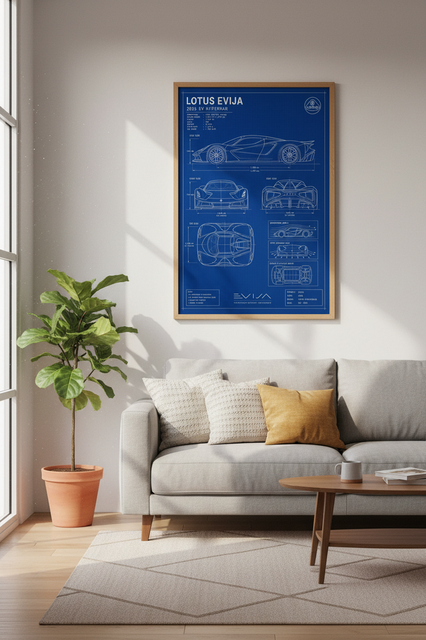 Lotus Evija Blueprint Wall Art | Hypercar Technical Poster, Office Decor