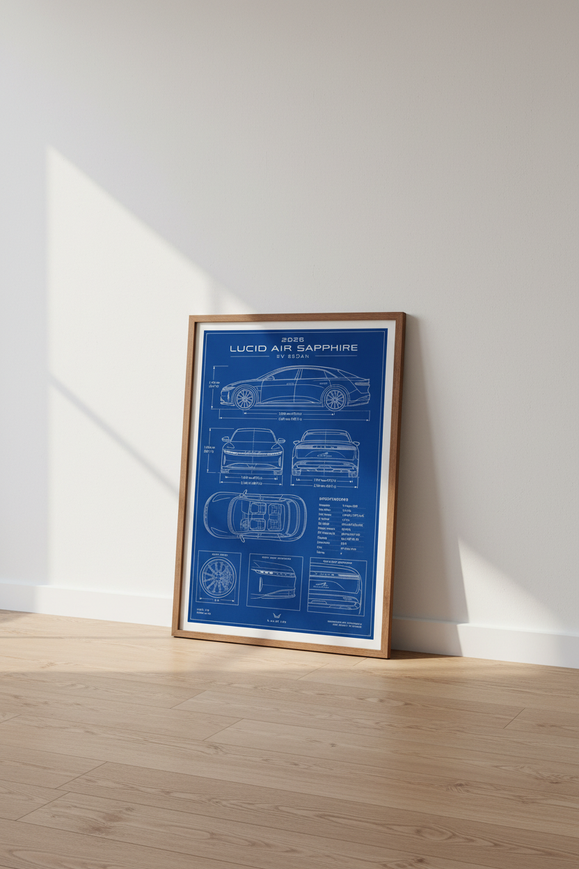 Lucid Air Sapphire Blueprint Print | EV Car Schematic, Garage Wall Art Poster