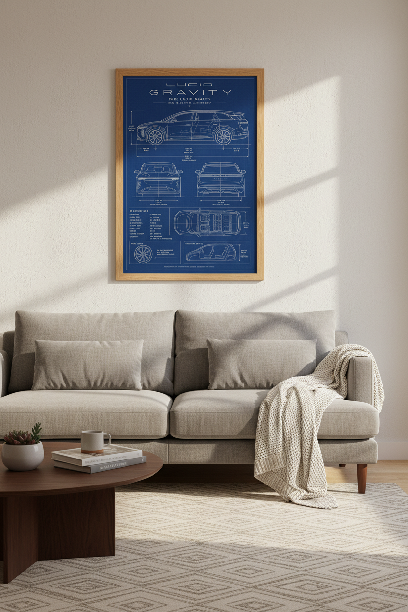 Lucid Gravity Blueprint Wall Art | Electric SUV Technical Poster, Office Decor