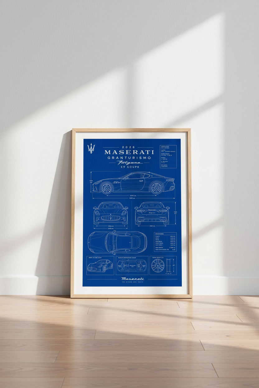 Maserati GranTurismo Blueprint Wall Art | Office Decor | EV Supercar Poster