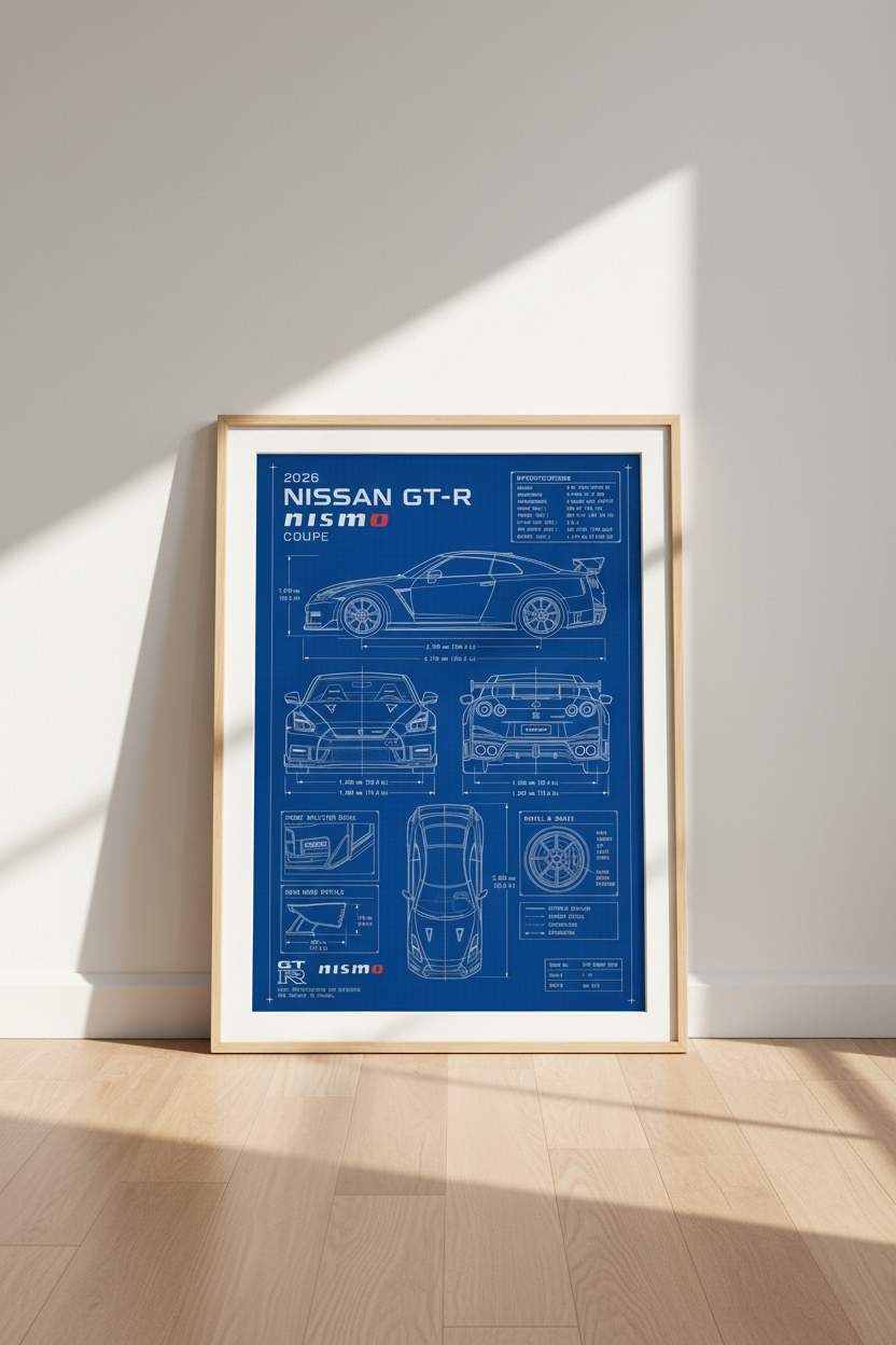 Nissan GT-R Nismo Blueprint Wall Art | Blue Car Detail Poster, Garage Decor