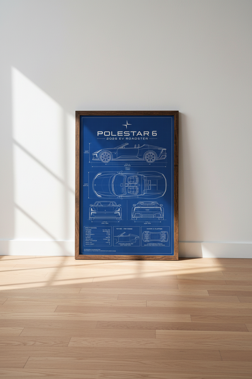 Polestar 6 Blueprint Wall Art | EV Roadster Poster | Modern Office Decor