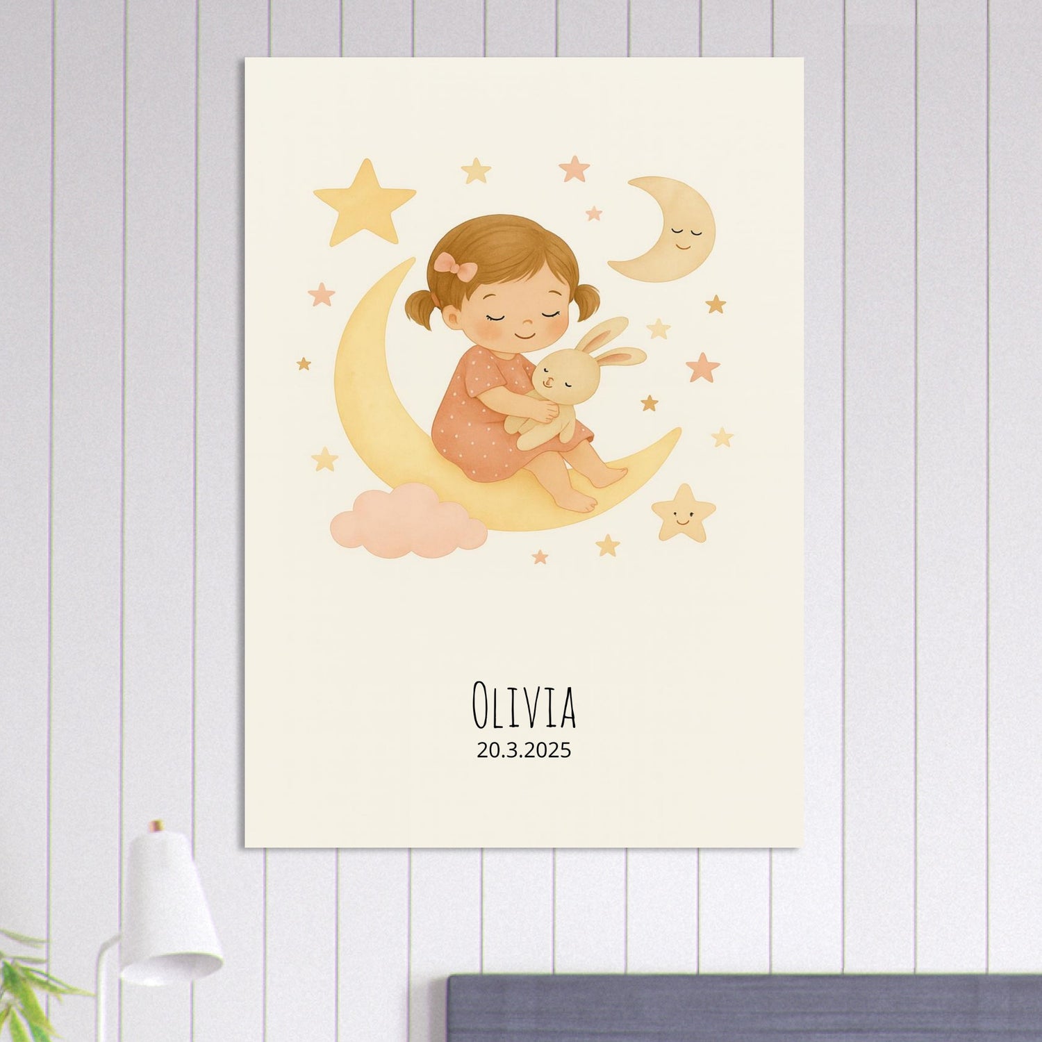 Personalized Baby Girl Nursery Print Poster - Moon, Stars & Teddy Design A0 (84.1 x 118.9 cm)