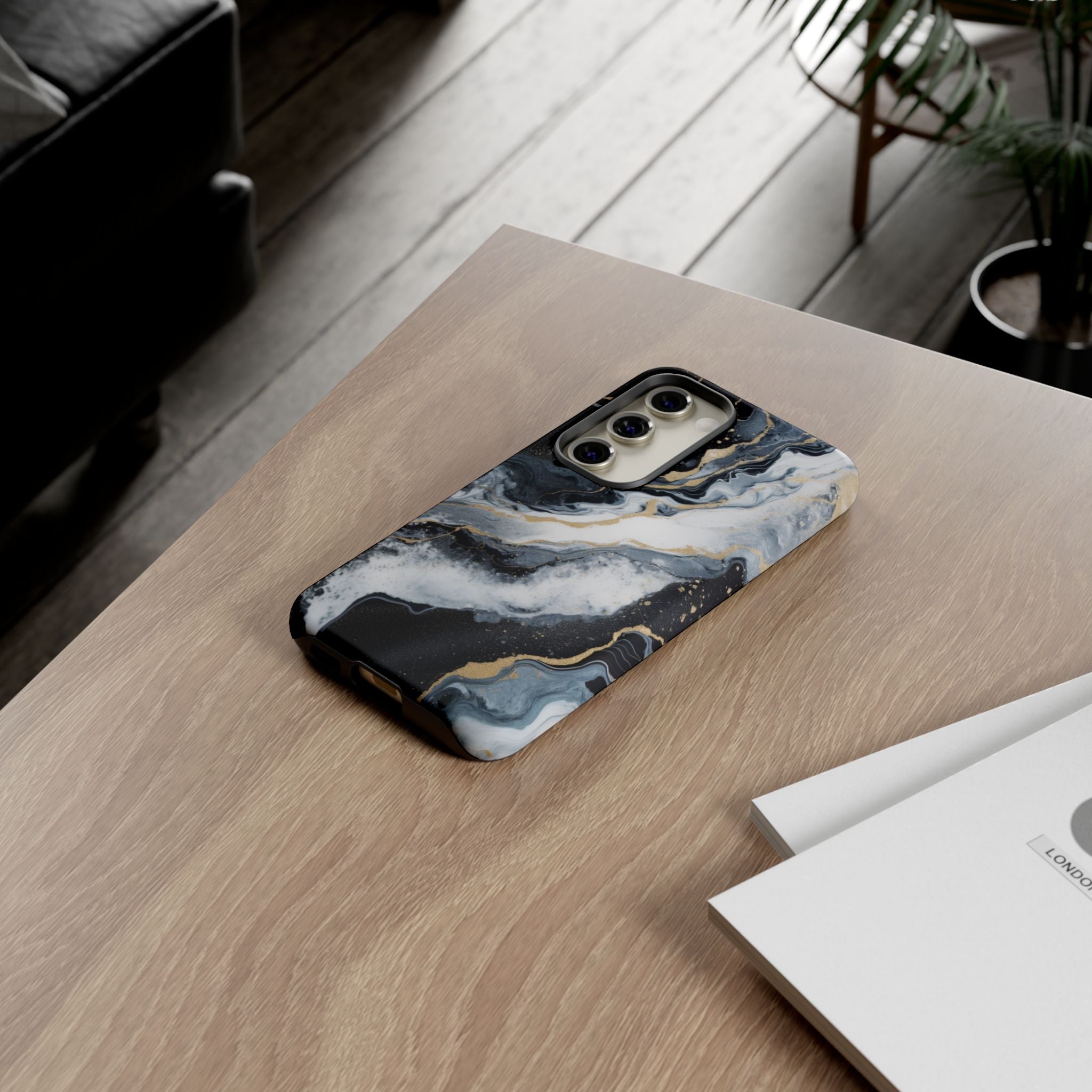 Celestial Marble Phone Case - Black & Gold Swirl Design