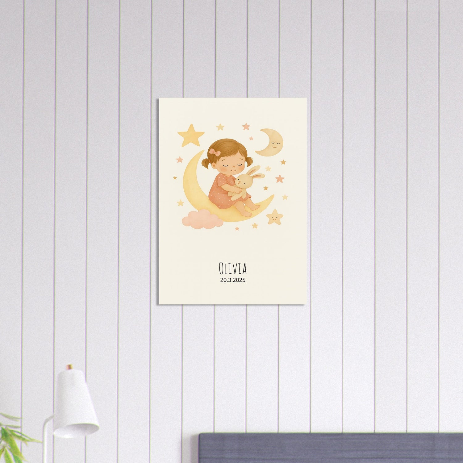 Personalized Baby Girl Nursery Print Poster - Moon, Stars & Teddy Design 50x70 cm 20x28″