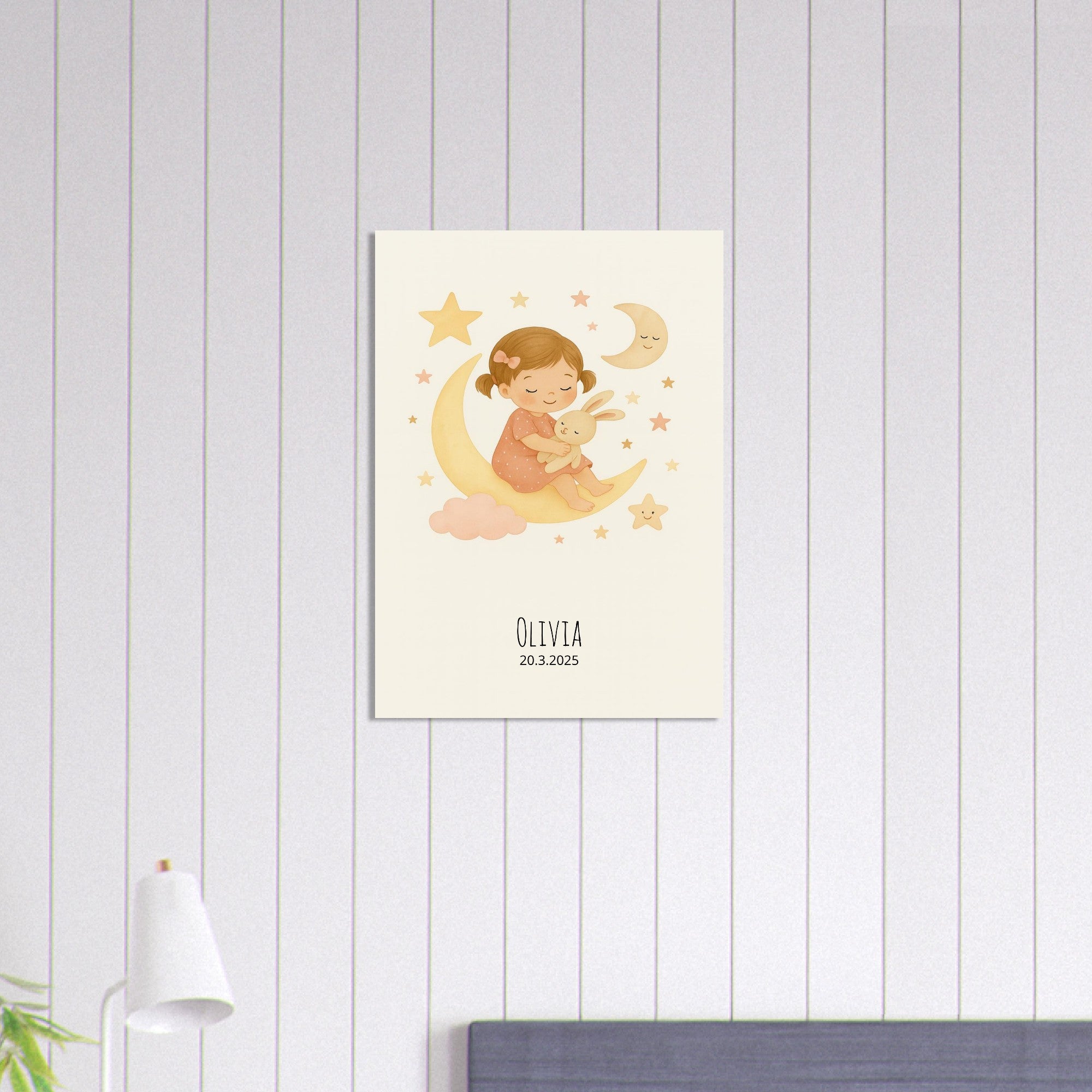 Personalized Baby Girl Nursery Print Poster - Moon, Stars & Teddy Design 50x70 cm 20x28″