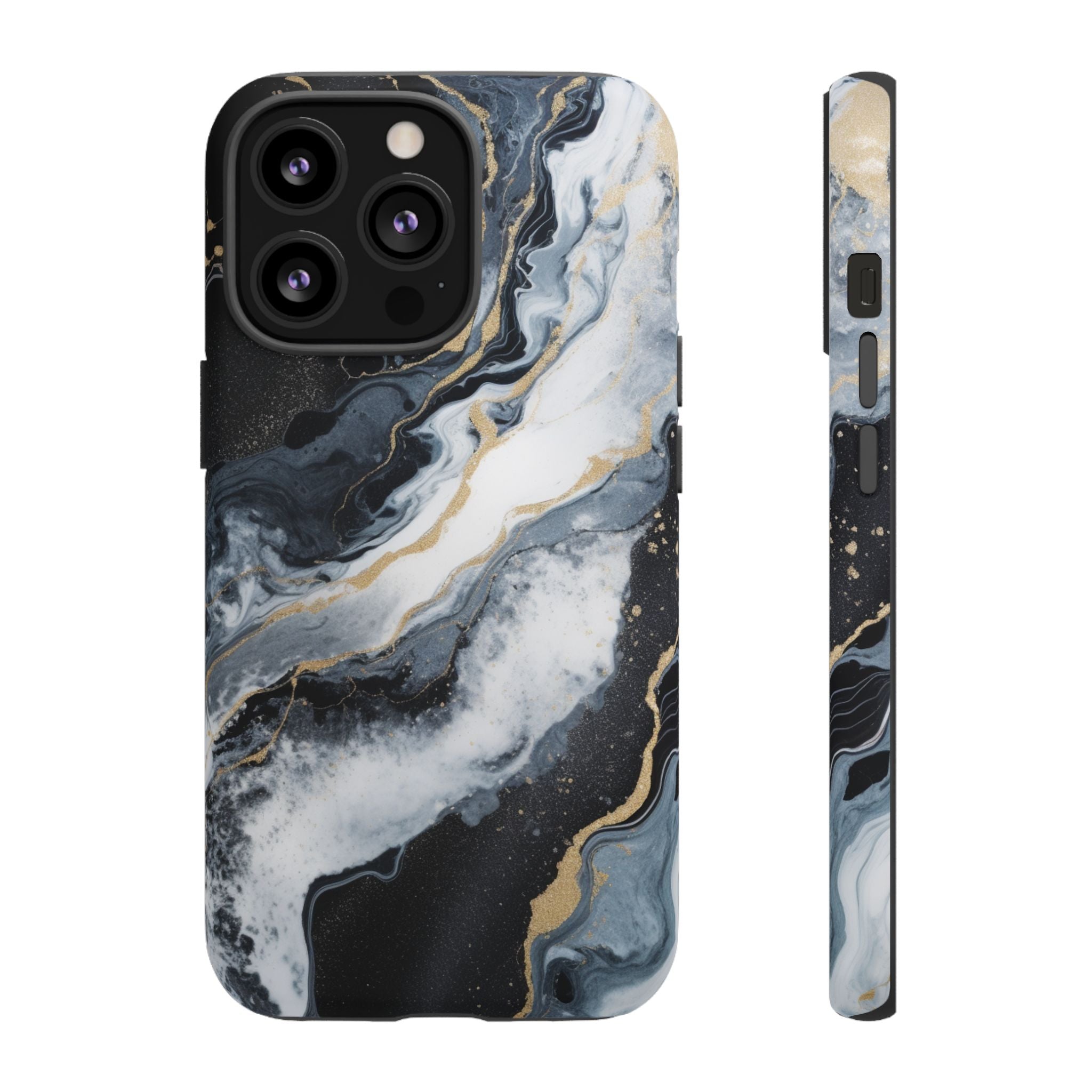 Celestial Marble Phone Case - Black & Gold Swirl Design iPhone 13 Pro Matte