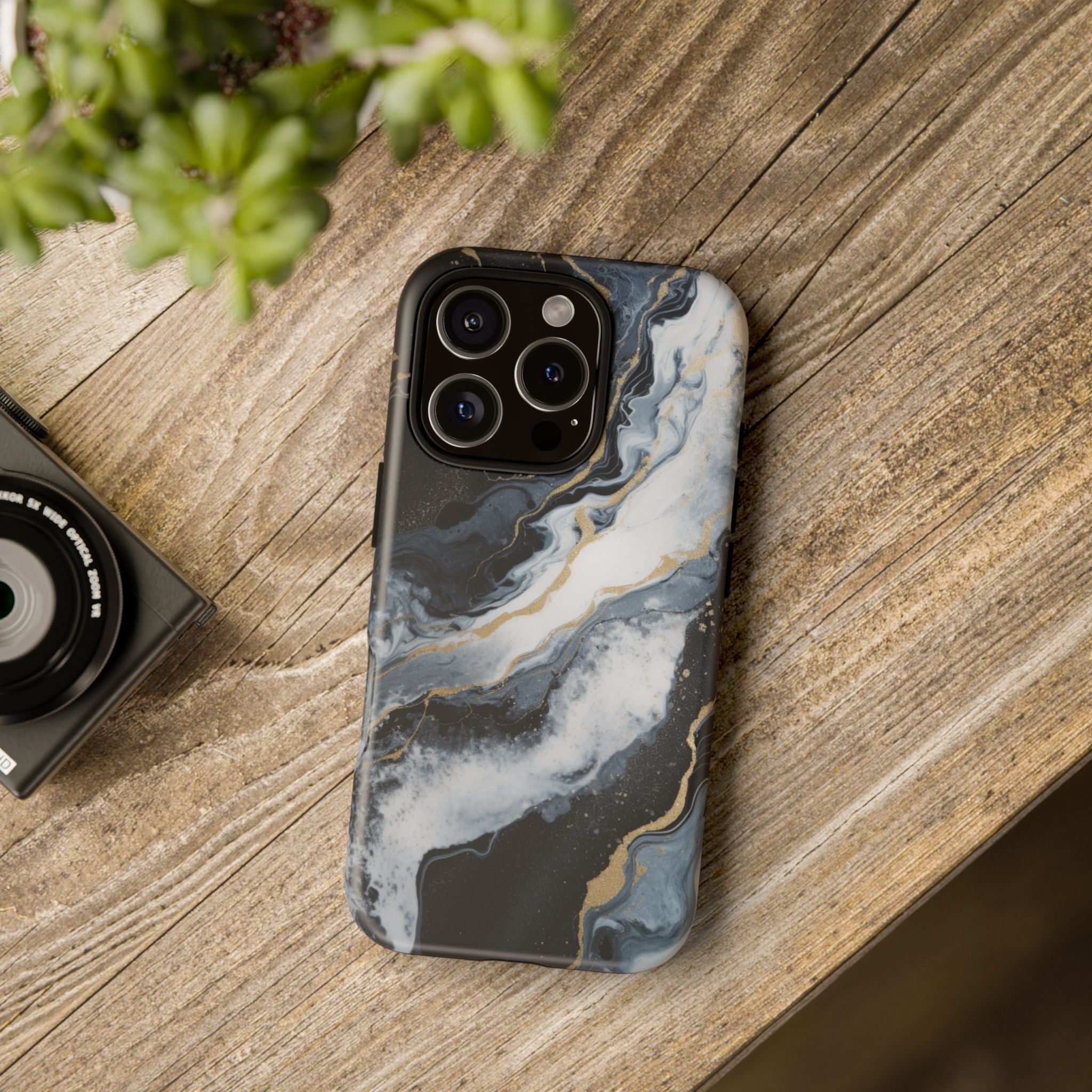 Celestial Marble Phone Case - Black & Gold Swirl Design