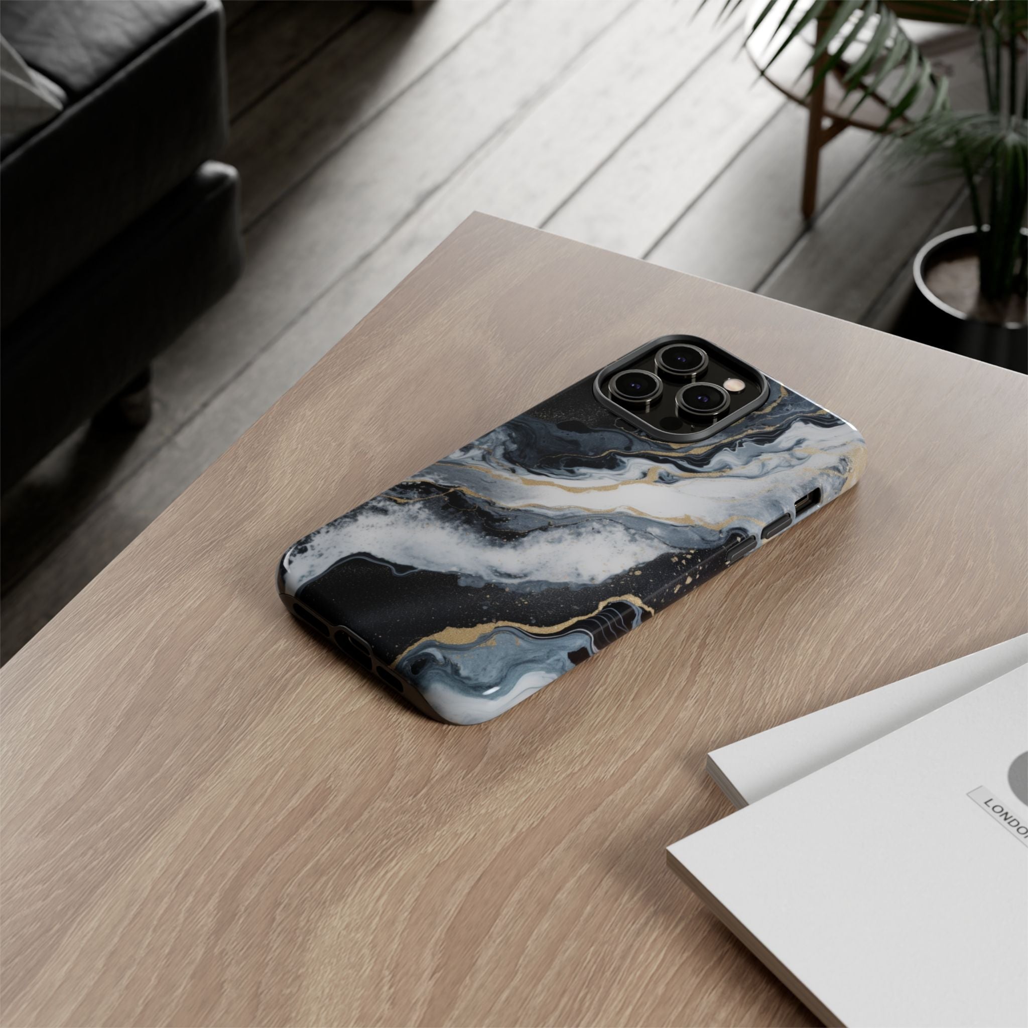 Celestial Marble Phone Case - Black & Gold Swirl Design