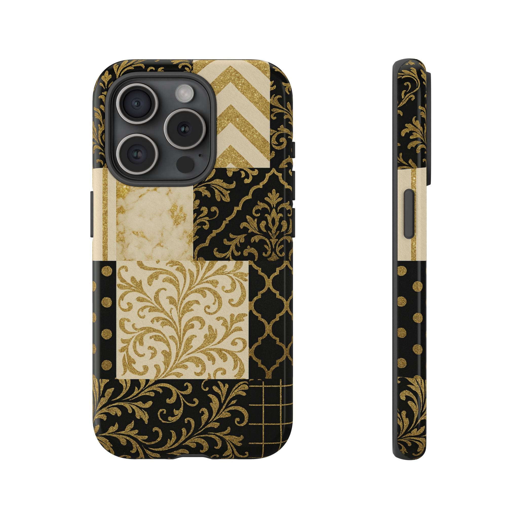 Phone Case, Luxury Black and Gold Festive Design for Christmas Gift, Holiday Decor, Tough Cases, Winter Celebration, Elegant iPhone Cover iPhone 15 Pro Glossy