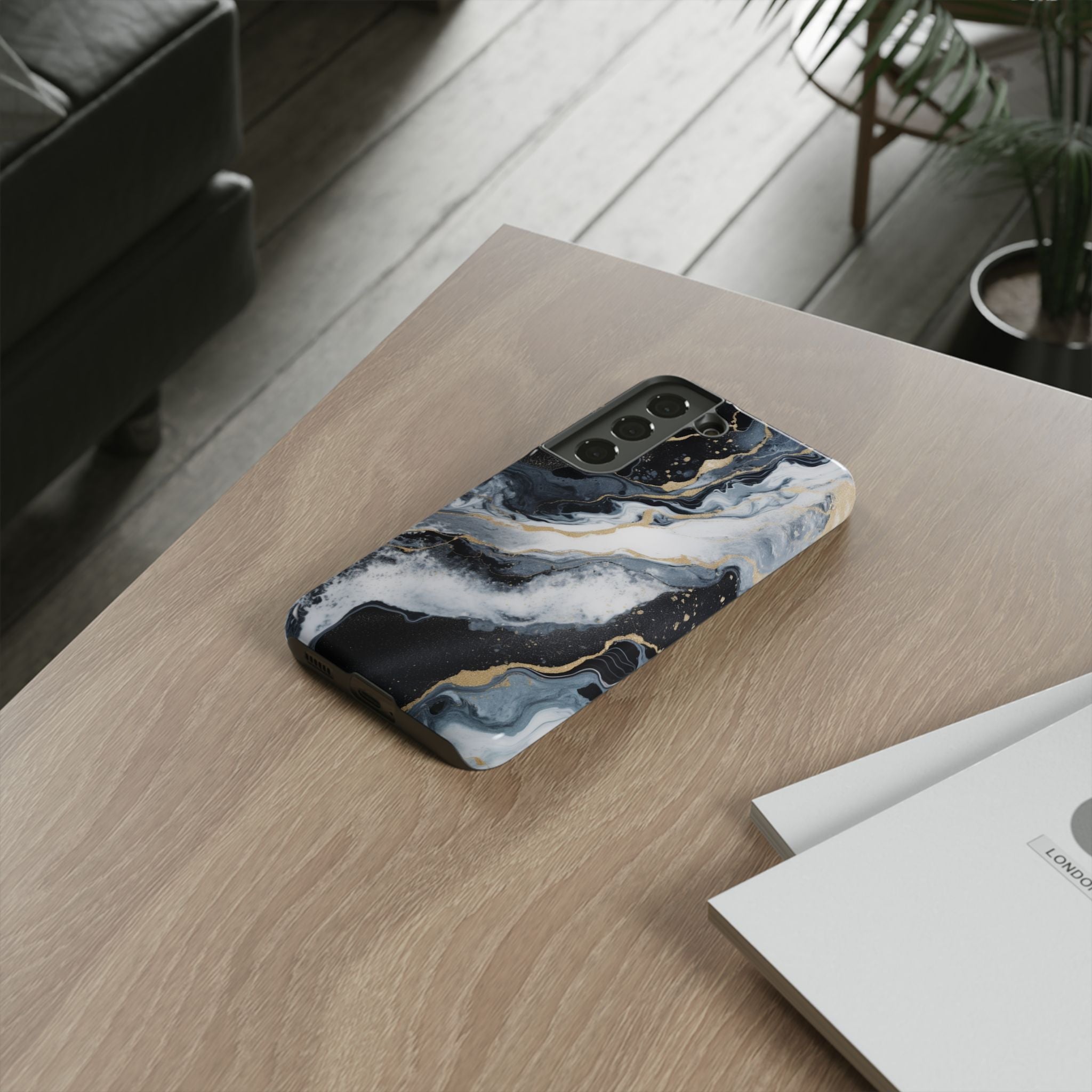 Celestial Marble Phone Case - Black & Gold Swirl Design