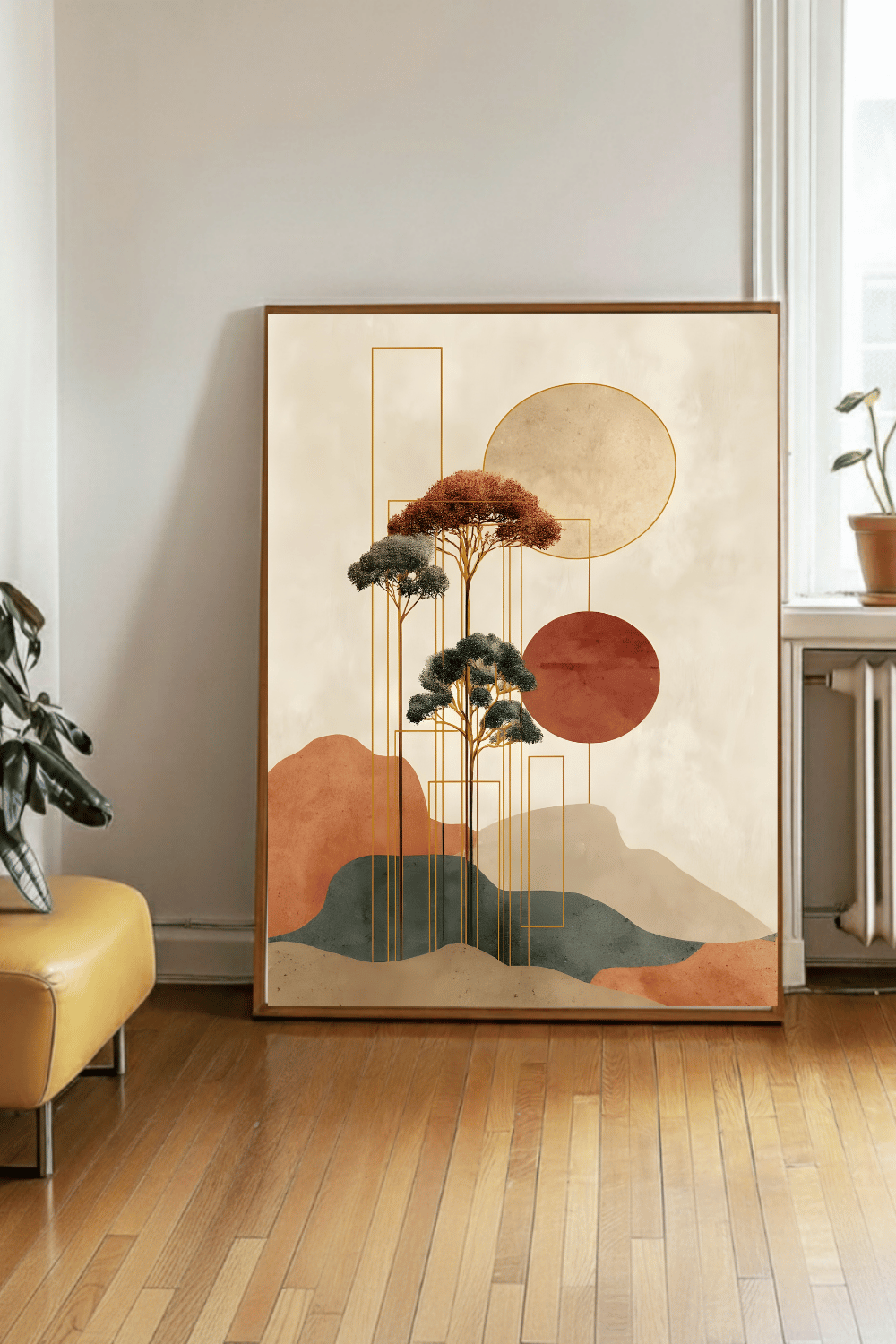Minimalist Japanese Wall Art - Tranquil Abstract Landscape with Gold Accents
