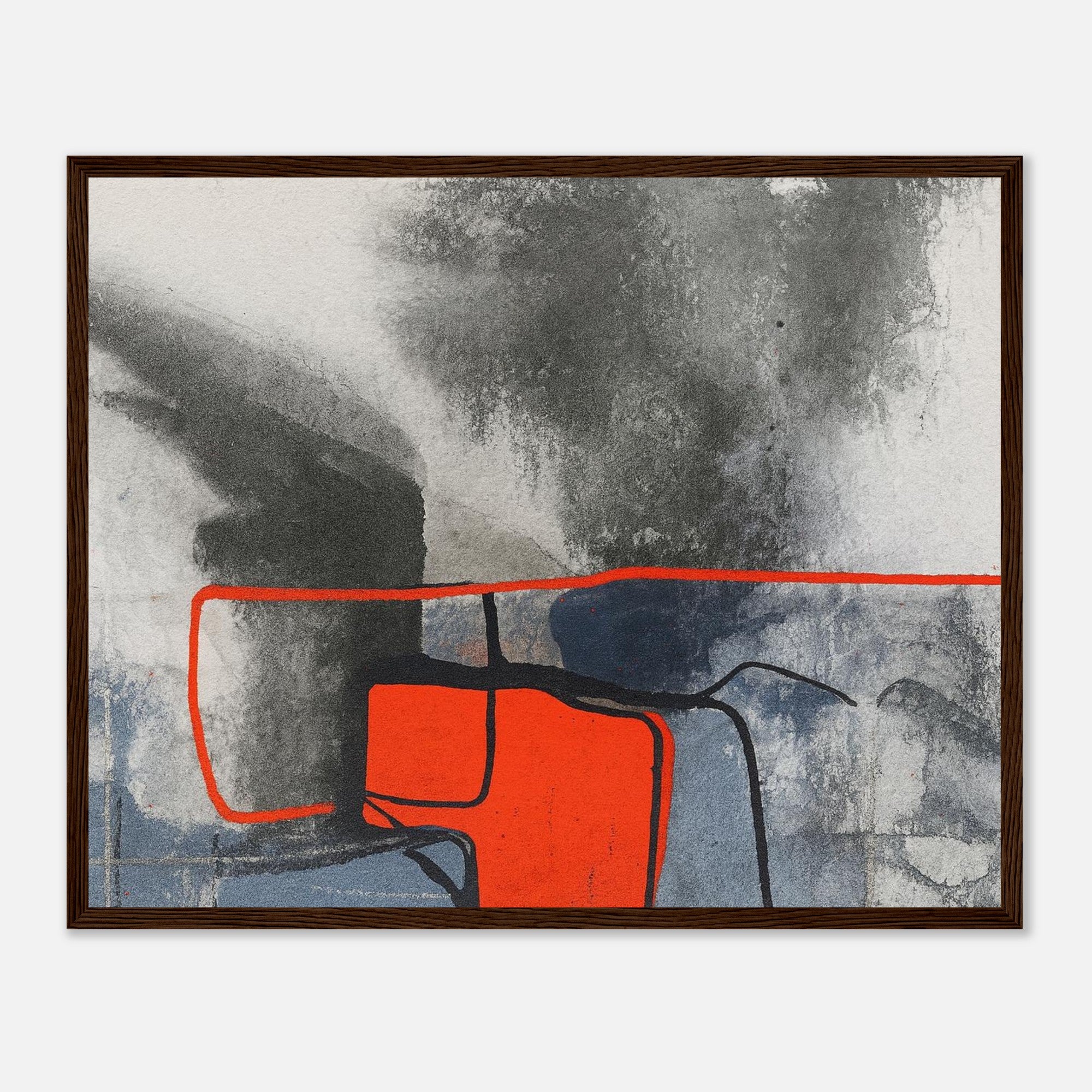 Urban Ember – Abstract Expressionist Print with Red Accents, Modern Art Poster, Moody Watercolor - Matte Wooden Framed 40x50 cm 16x20″ Dark wood frame