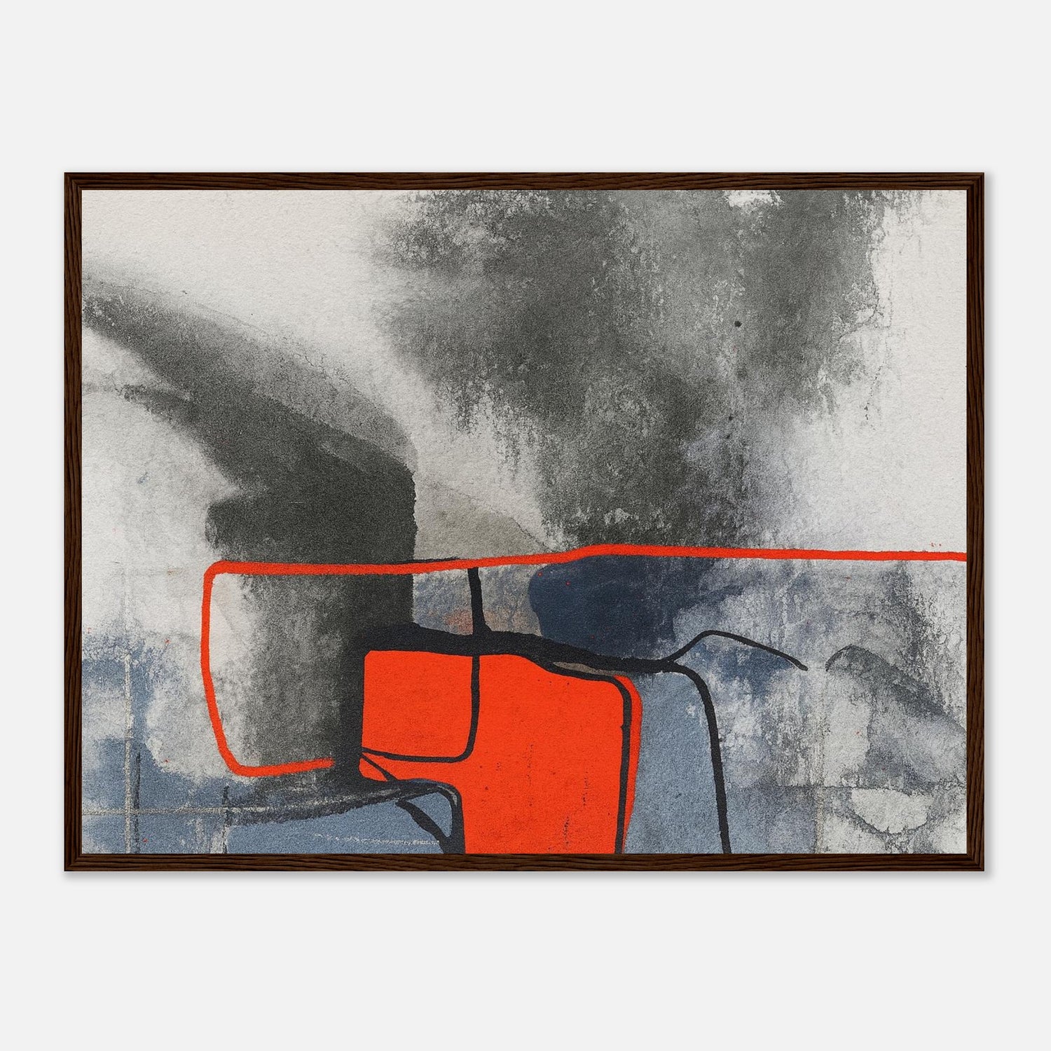 Urban Ember – Abstract Expressionist Print with Red Accents, Modern Art Poster, Moody Watercolor - Matte Wooden Framed 45x60 cm 18x24″ Dark wood frame