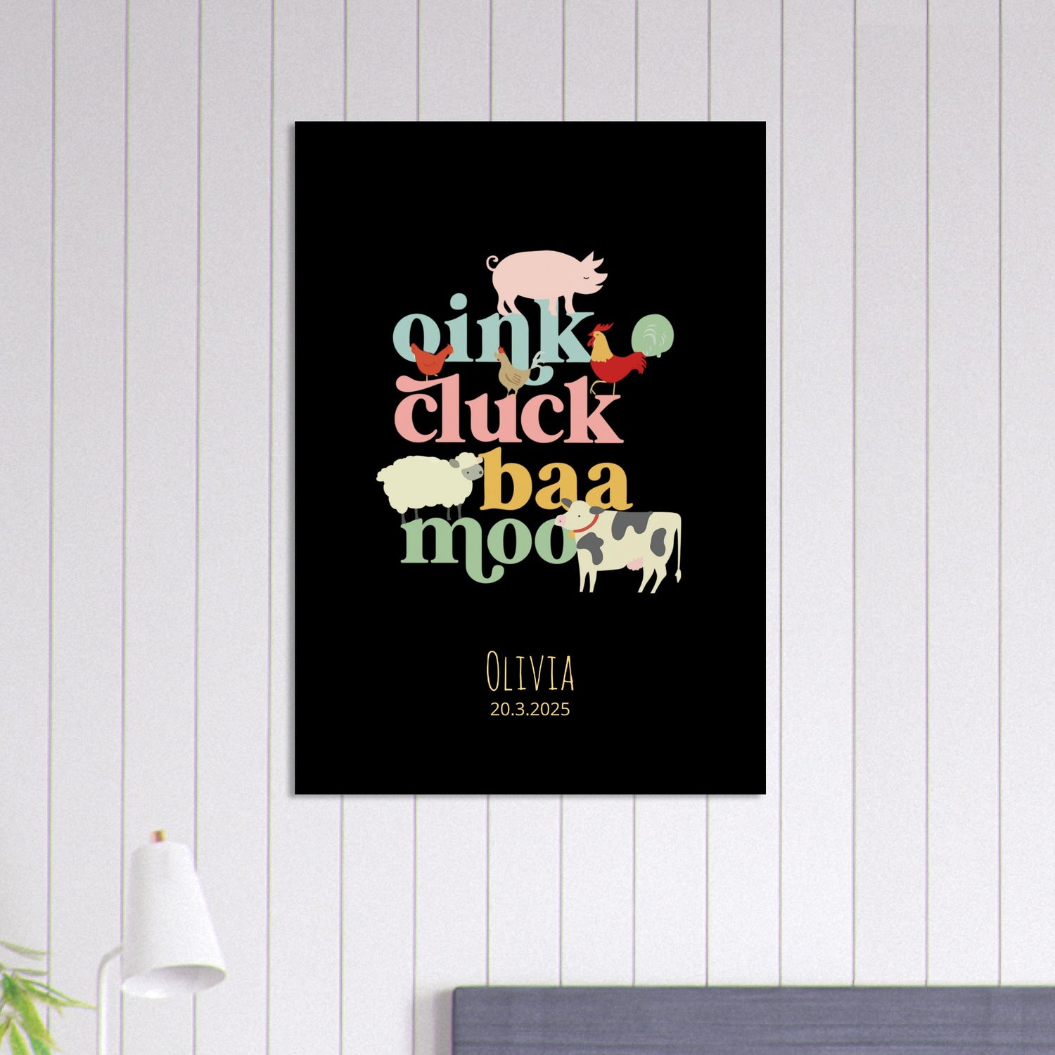 Oink Cluck Baa Moo Personalized Farm Print - Cute Nursery Wall Art Poster - Black 70x100 cm 28x40″