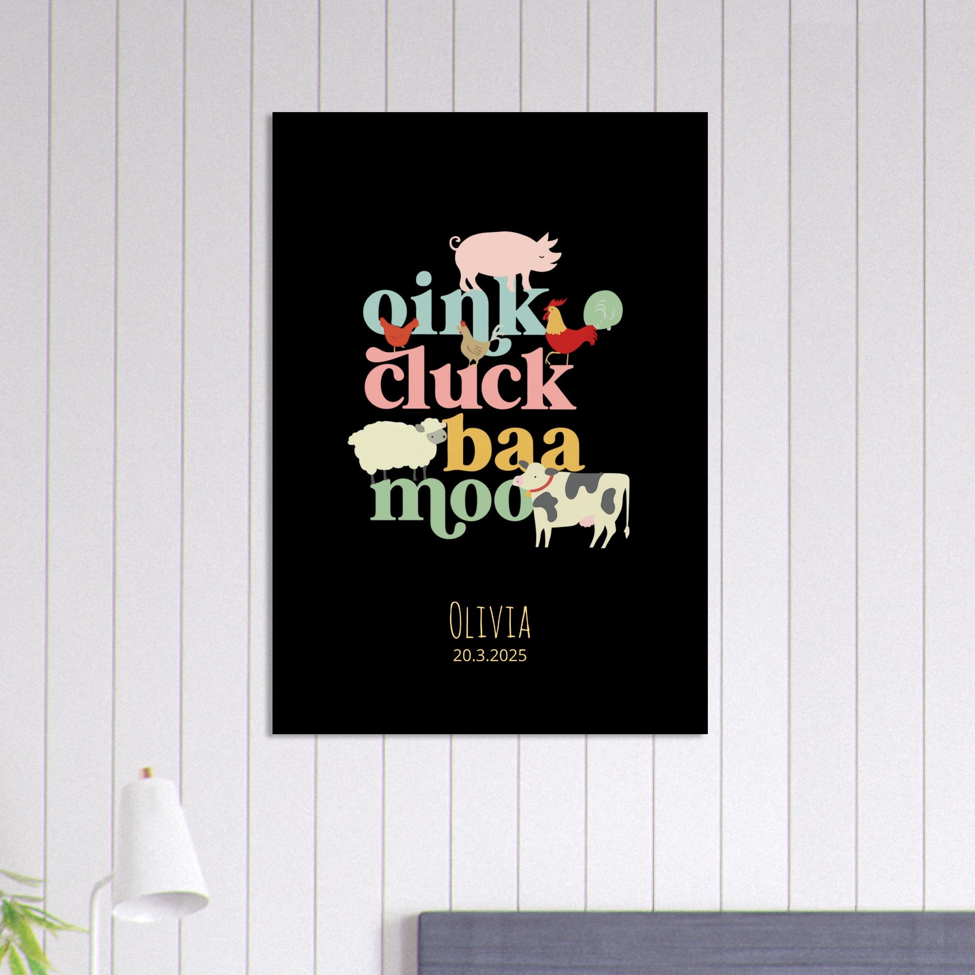Oink Cluck Baa Moo Personalized Farm Print - Cute Nursery Wall Art Poster - Black 70x100 cm 28x40″