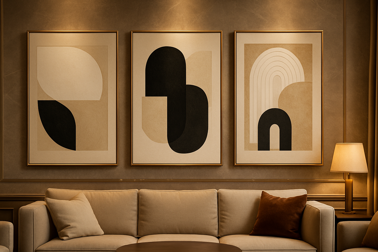 3 frames with art prints on a luxury wall in a living room 16:9 aspect ratio