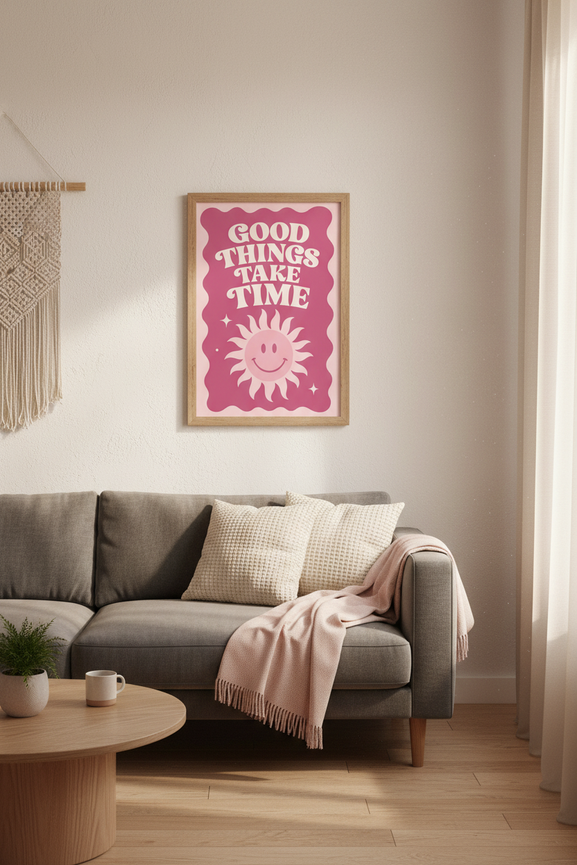 Good Things Take Time Wall Art | Pink Retro Sun Quote Poster | Trendy Dorm Room Decor