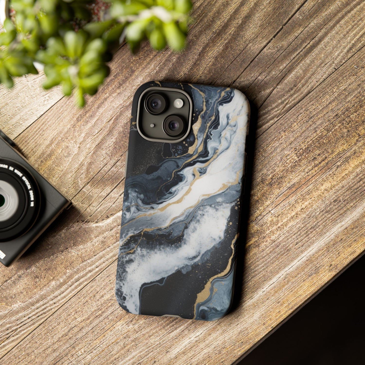 Celestial Marble Phone Case - Black & Gold Swirl Design