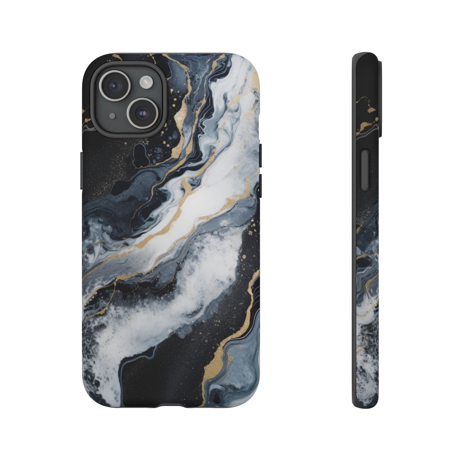 Celestial Marble Phone Case - Black & Gold Swirl Design iPhone 15 Plus Matte