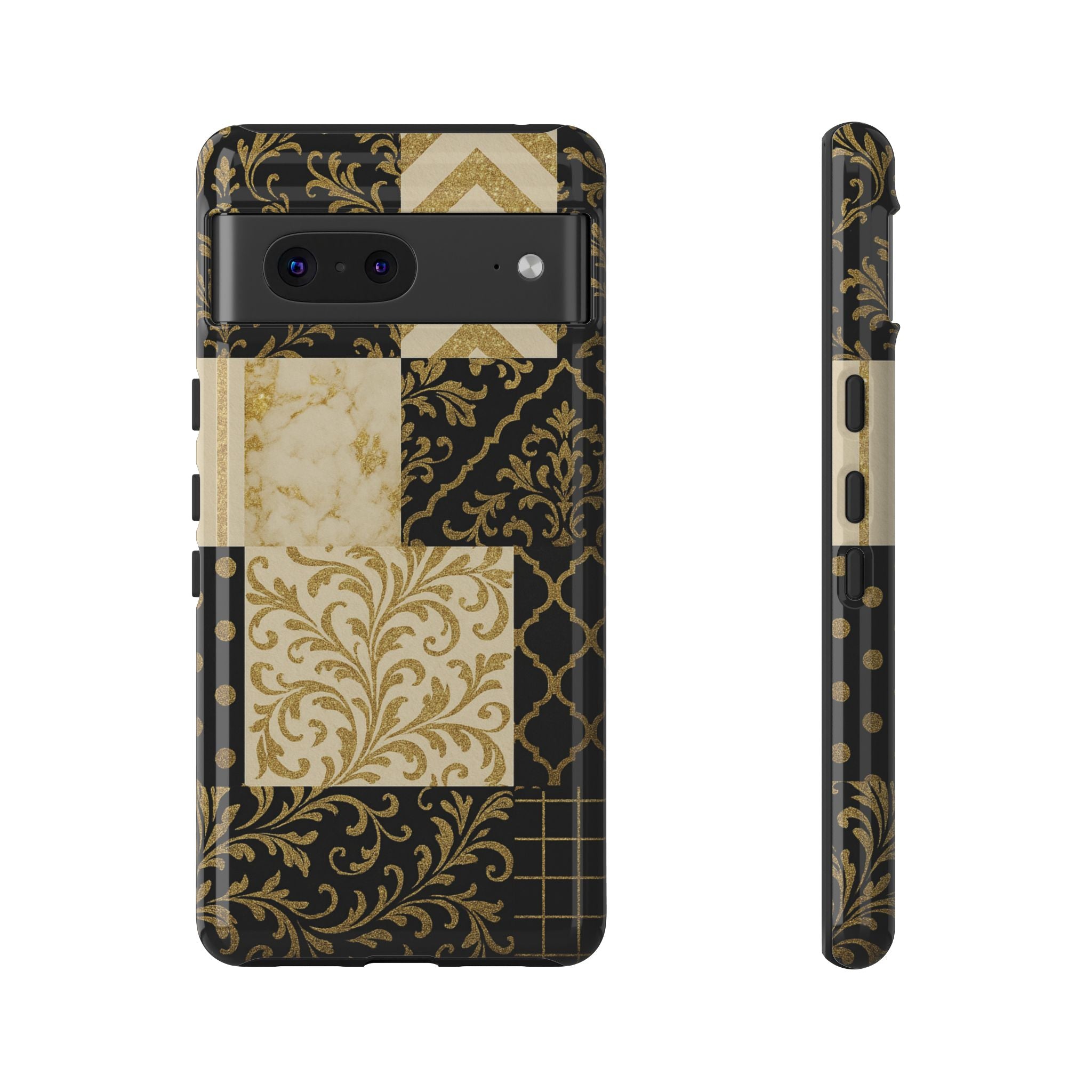 Phone Case, Luxury Black and Gold Festive Design for Christmas Gift, Holiday Decor, Tough Cases, Winter Celebration, Elegant iPhone Cover Google Pixel 7 Glossy