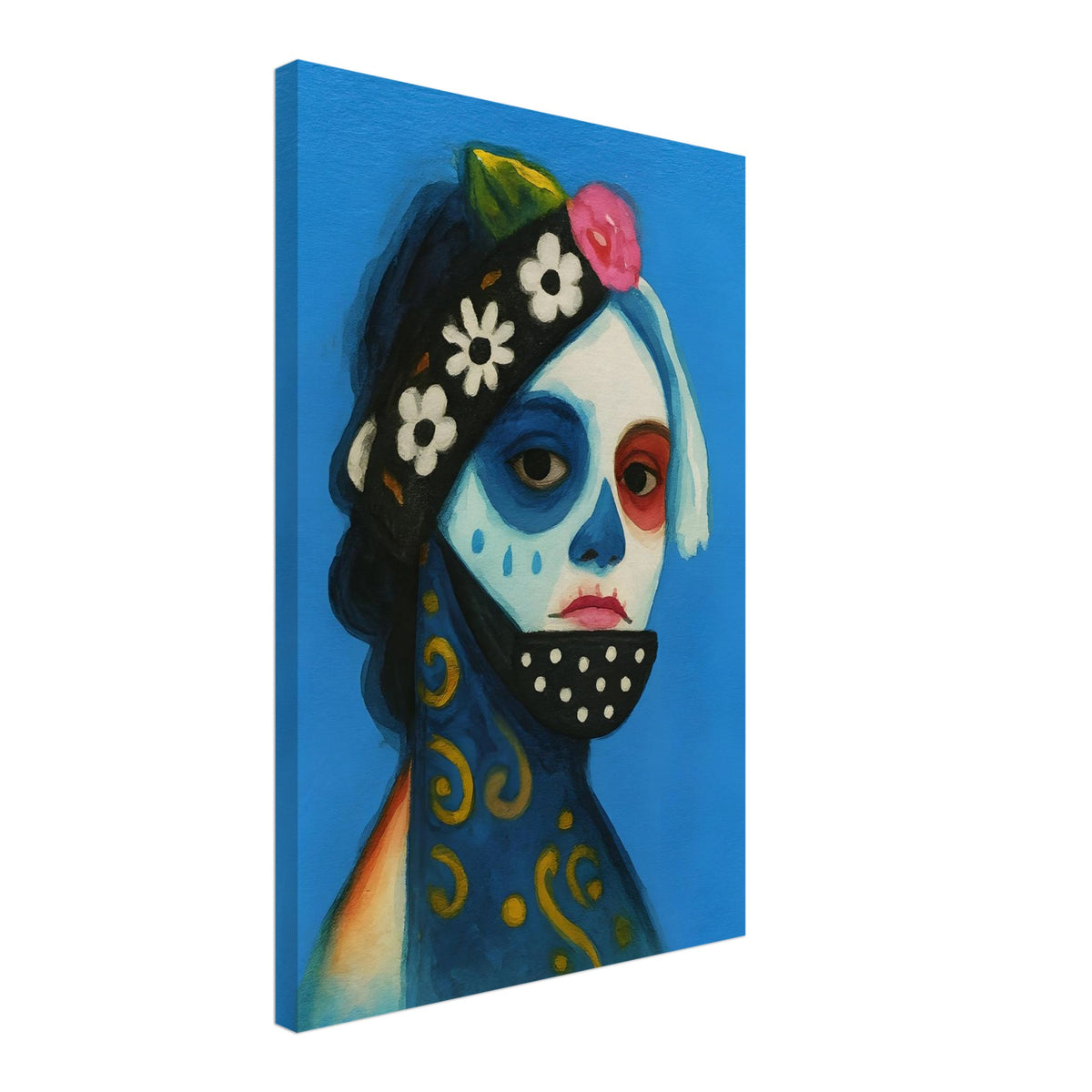 Day of the Dead Watercolor Canvas, Día de los Muertos Masked Woman Wall Art, Mexican Folk Art A3 Print, Skeleton Face Painting Slim Canvas 40x60 cm 16x24″