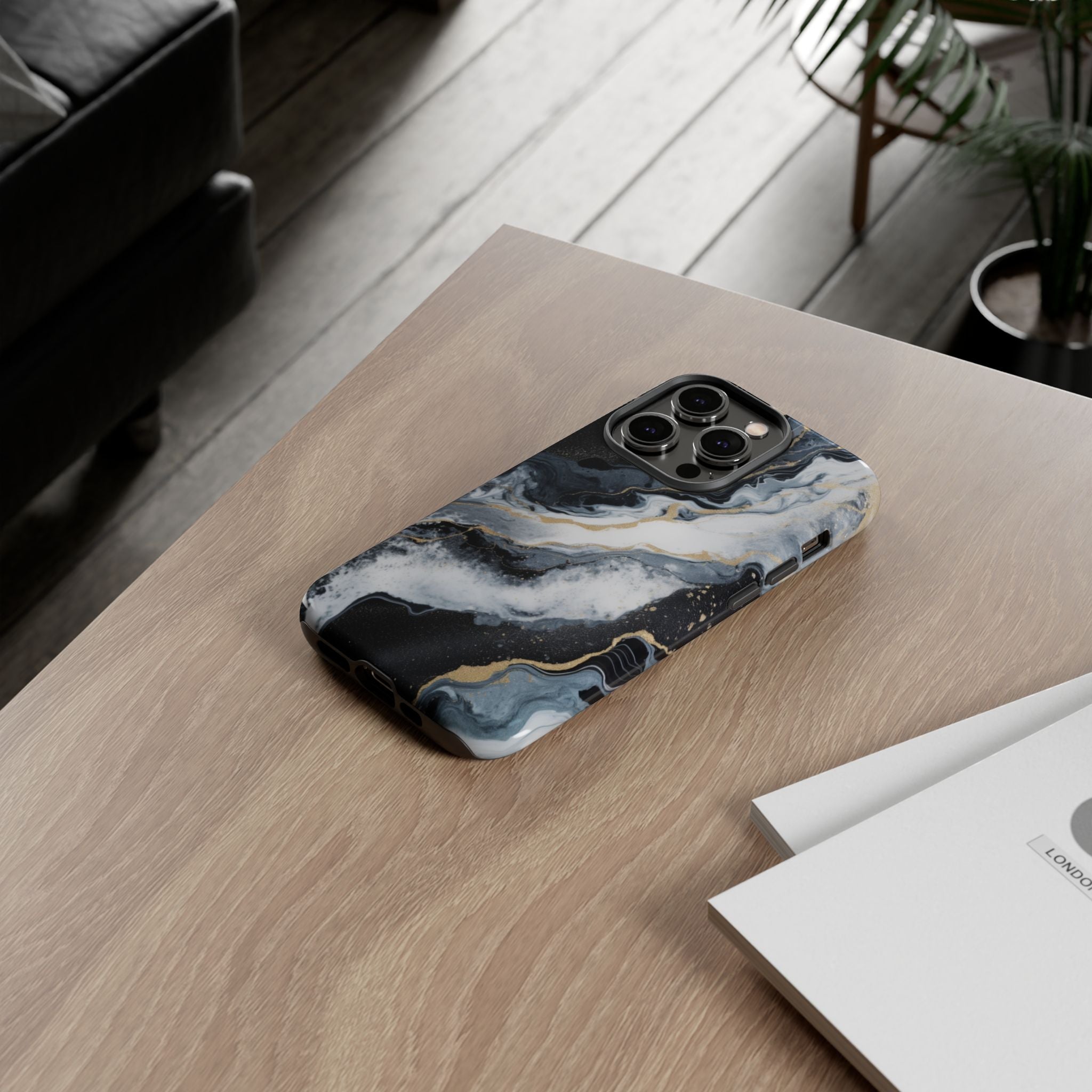 Celestial Marble Phone Case - Black & Gold Swirl Design