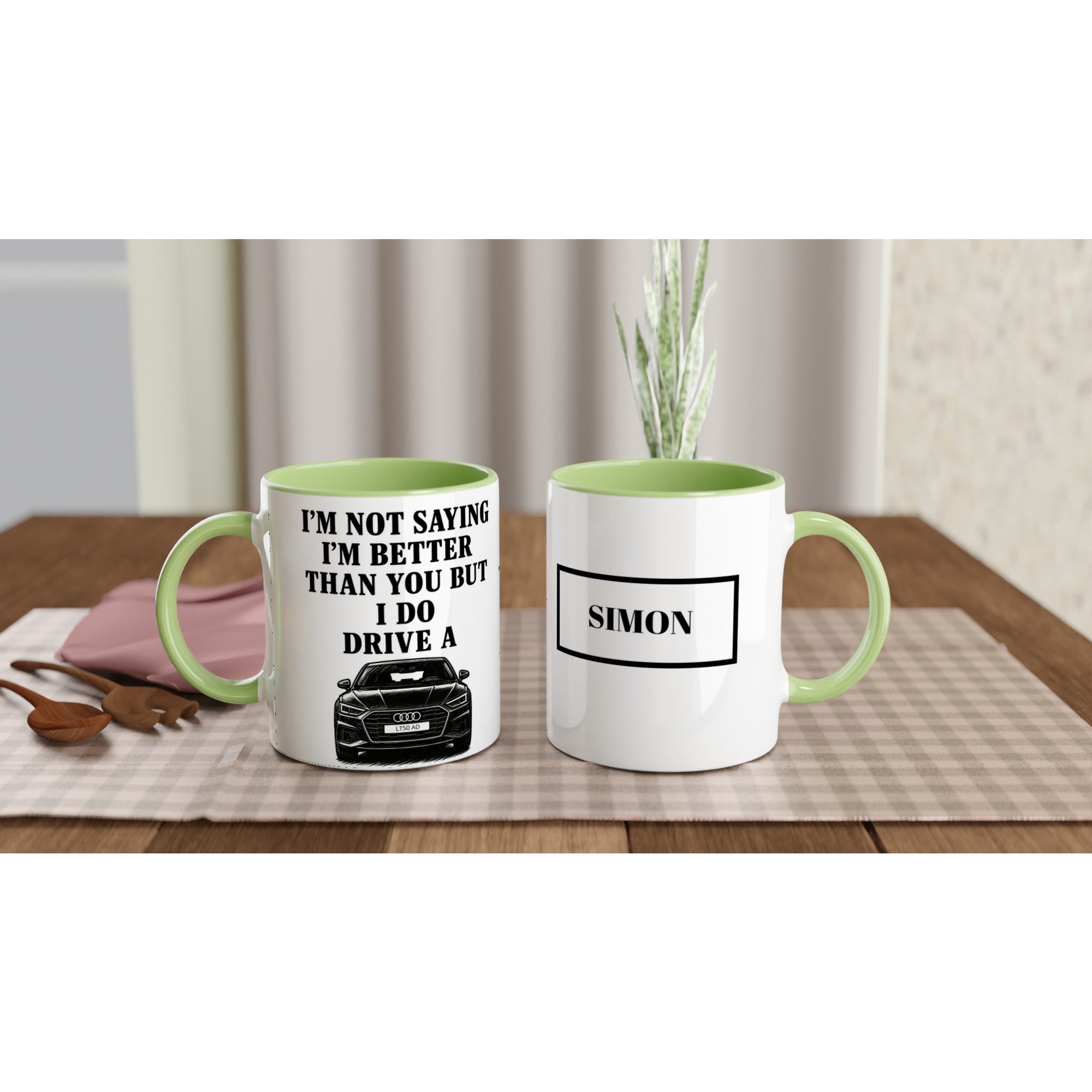Funny Personalized Audi Mug - Custom Car Lover Dad Gift - Add Name & Number Plate - 11oz Ceramic Ceramic Green