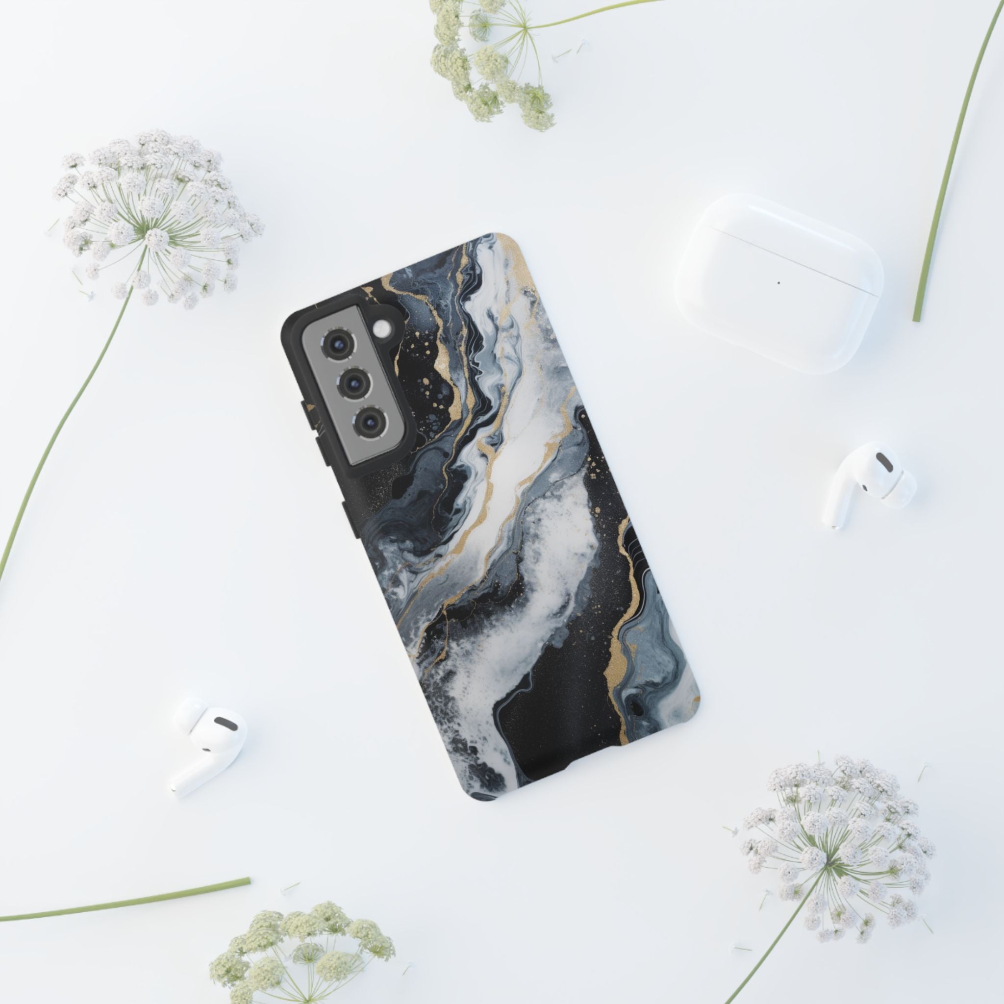 Celestial Marble Phone Case - Black & Gold Swirl Design
