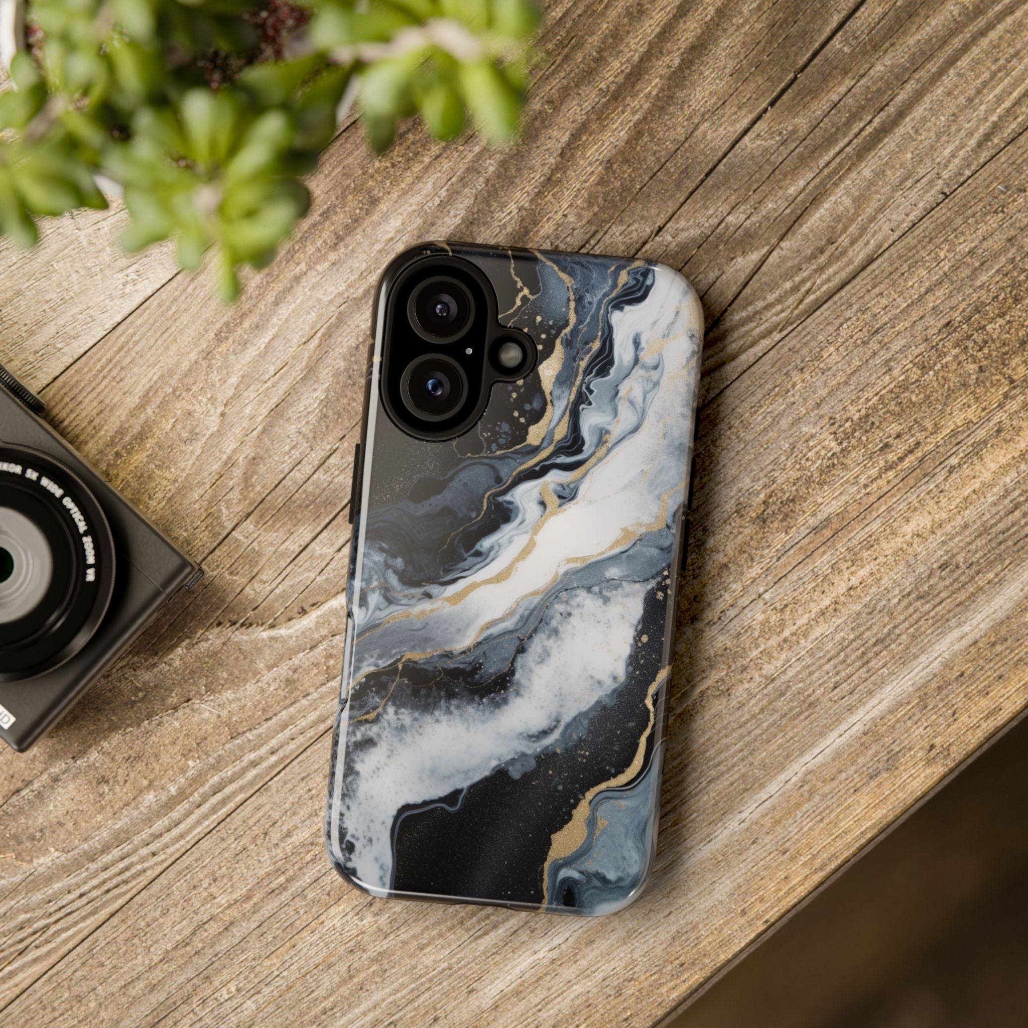Celestial Marble Phone Case - Black & Gold Swirl Design