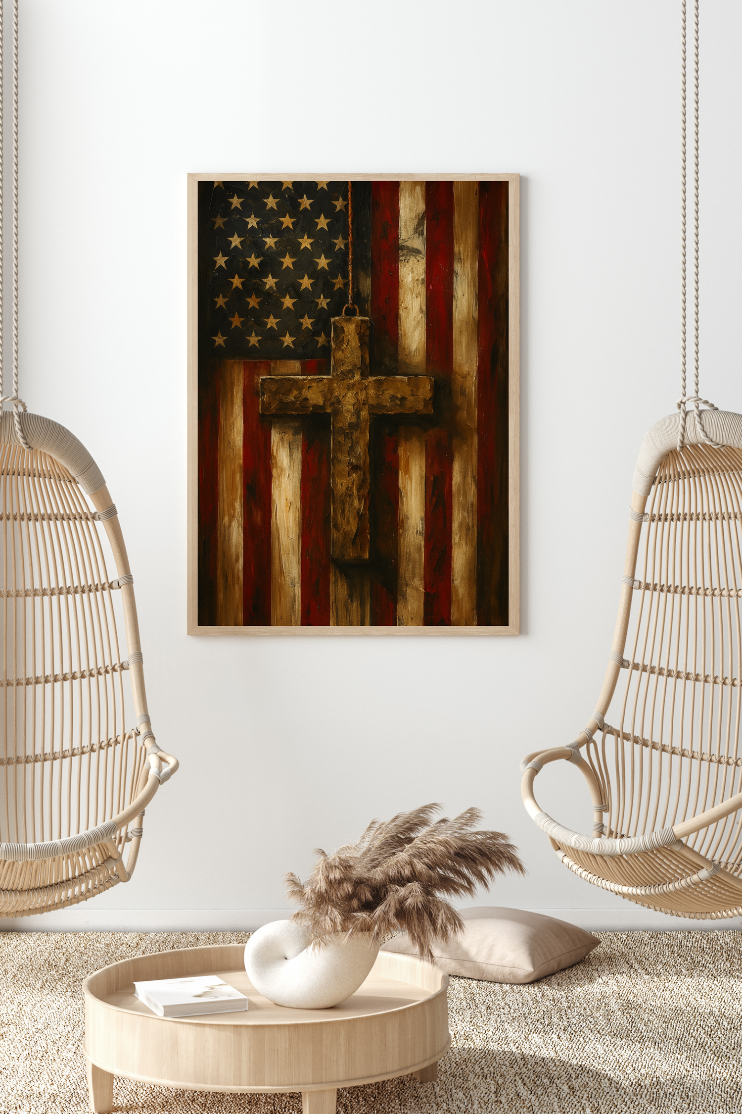 Christian Country Poster - American Flag & Cross Wall Art | Patriotic Faith-Based Home Decor Print