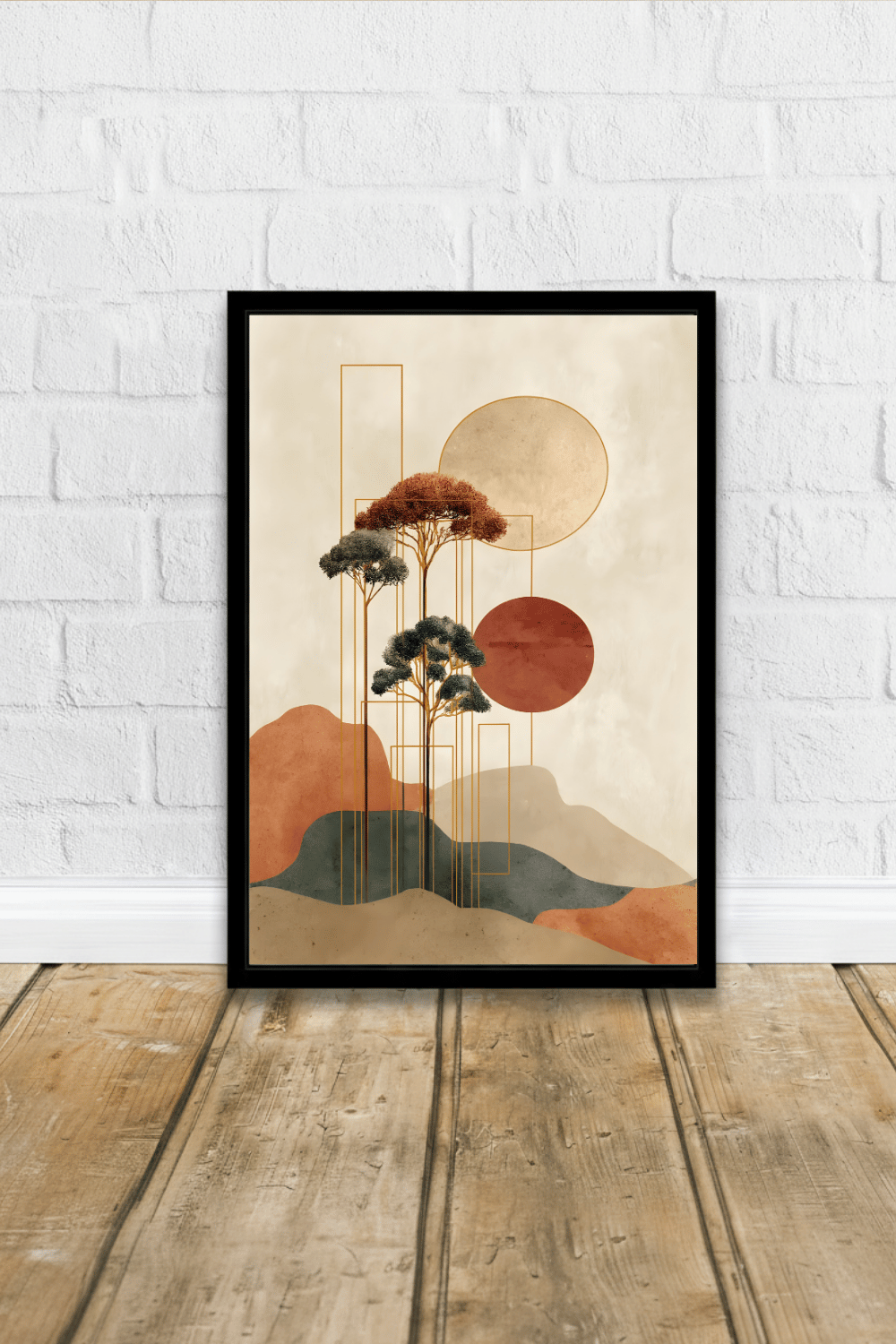 Minimalist Japanese Wall Art - Tranquil Abstract Landscape with Gold Accents