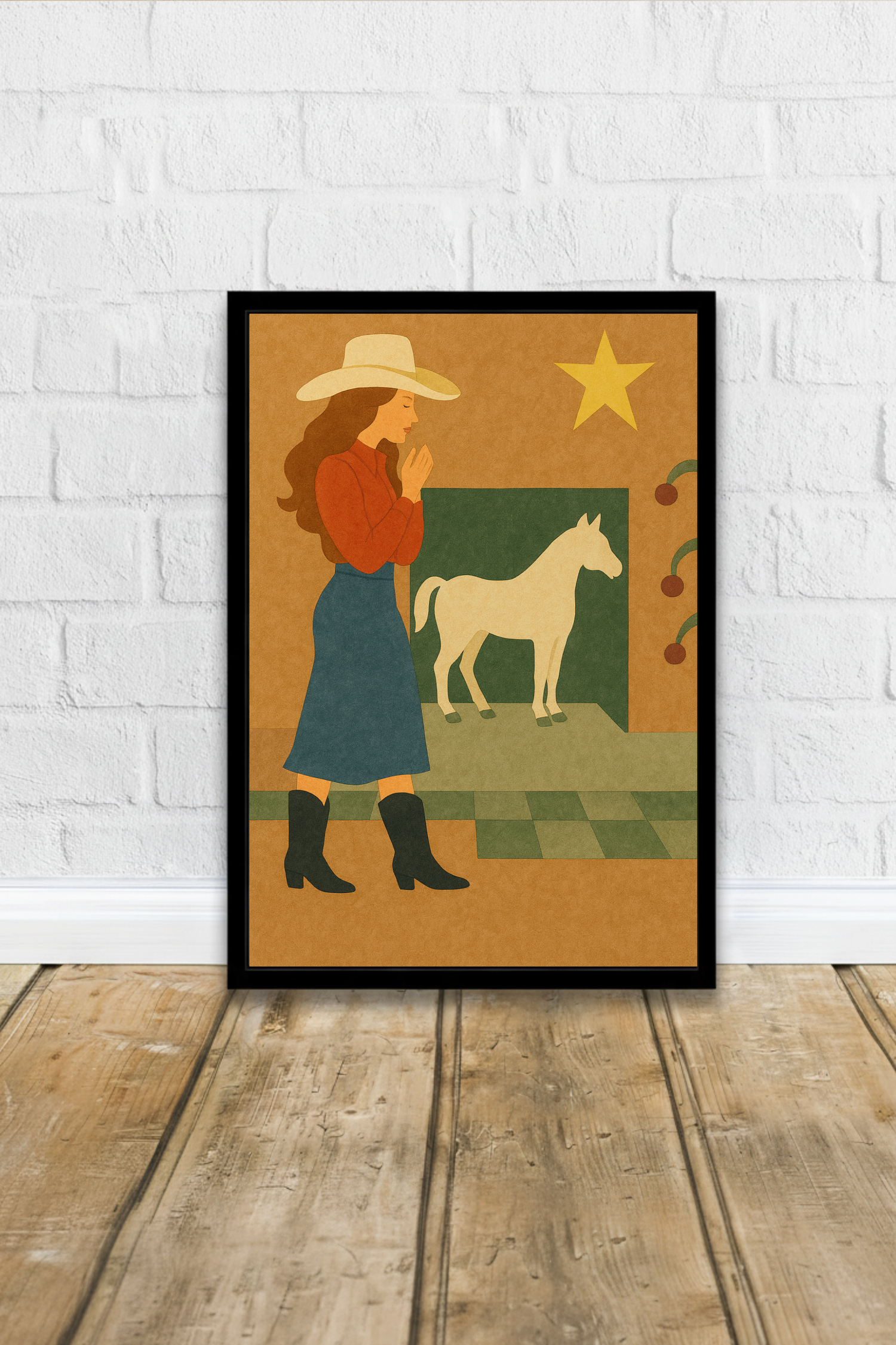 Cowgirl and Horse Wall Art Poster - Modern Western Folk Art Print | Rustic Ranch Decor