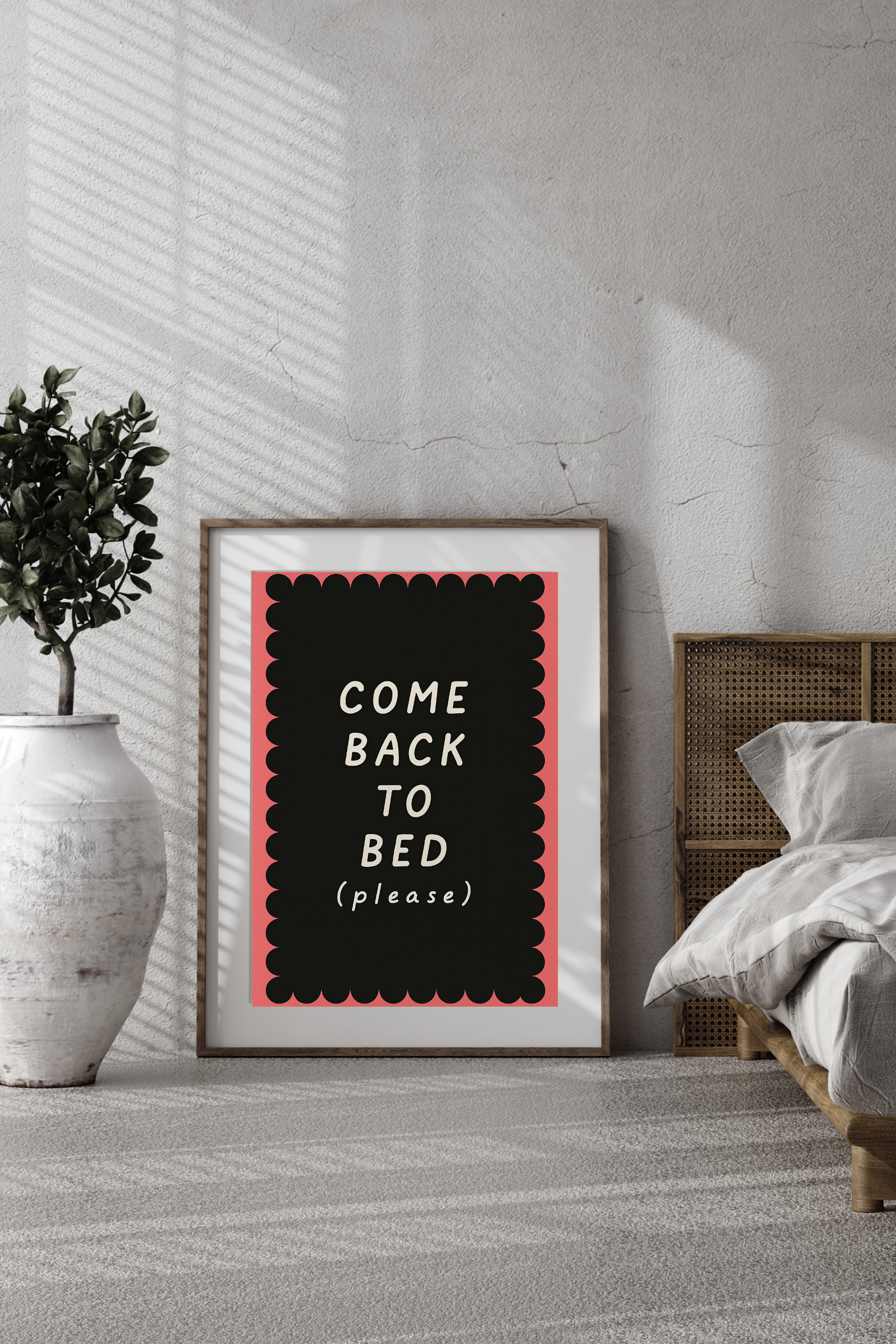 Come Back to Bed Poster - Romantic Pink & Black Wall Art | Pastel Bedroom Decor Print
