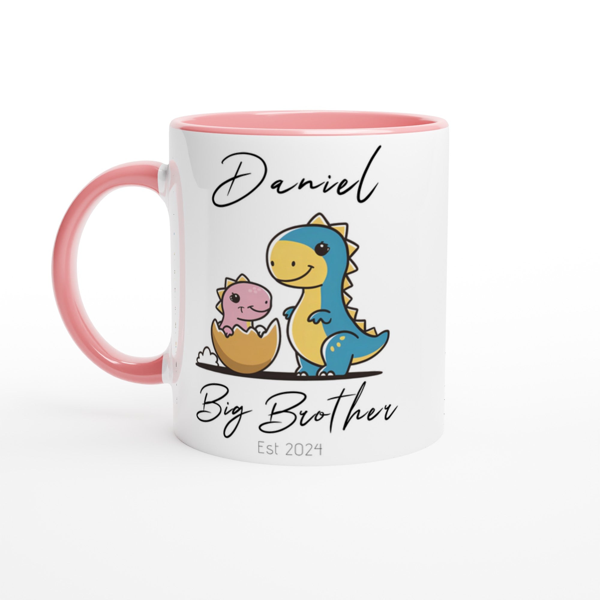Personalized Dinosaur Big Brother Mug - Custom Name Printed Ceramic Cup | Pregnancy Announcement Gift 11oz Ceramic Pink