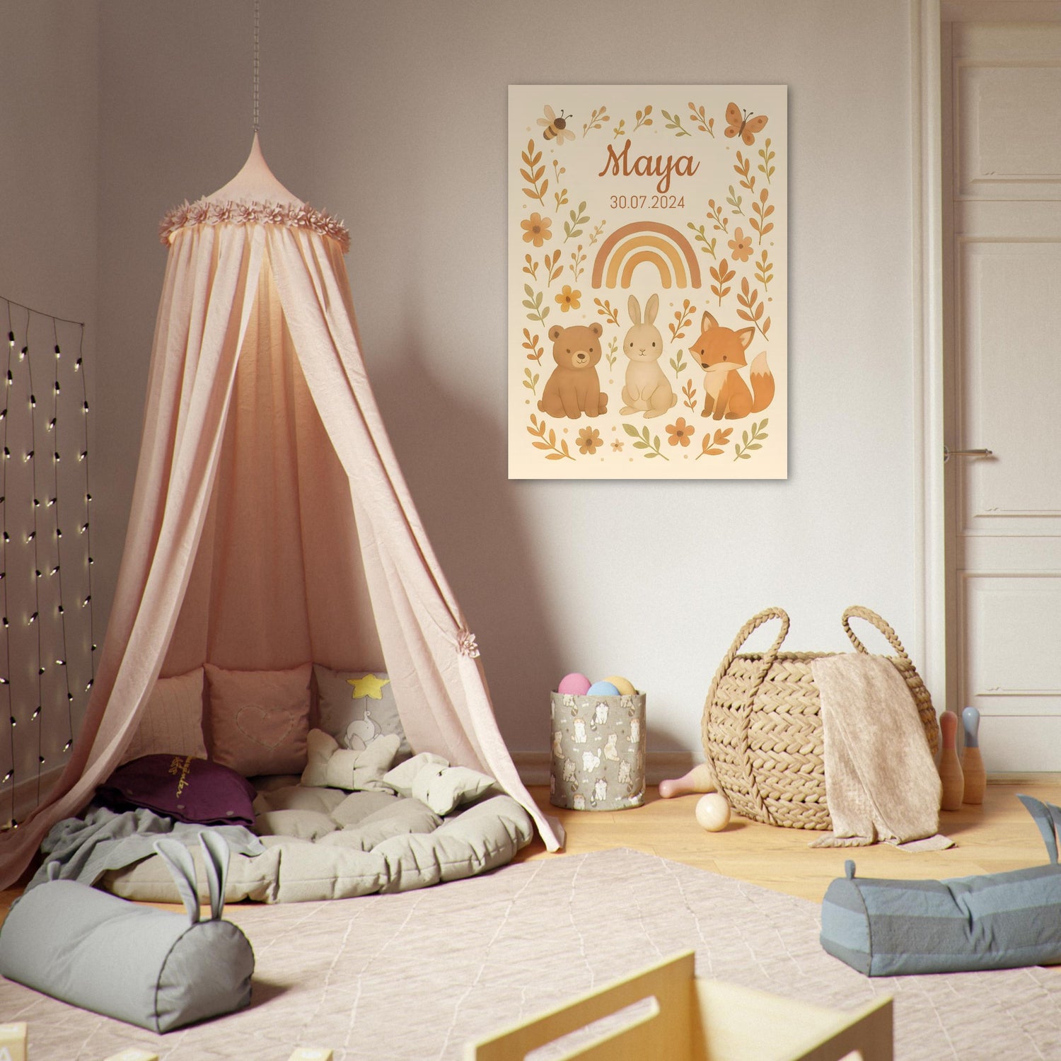 Personalized Rustic Woodland Rainbow Nursery Poster – Bear, Bunny & Fox with Floral Watercolor - Custom Kids Print A0 (84.1 x 118.9 cm)