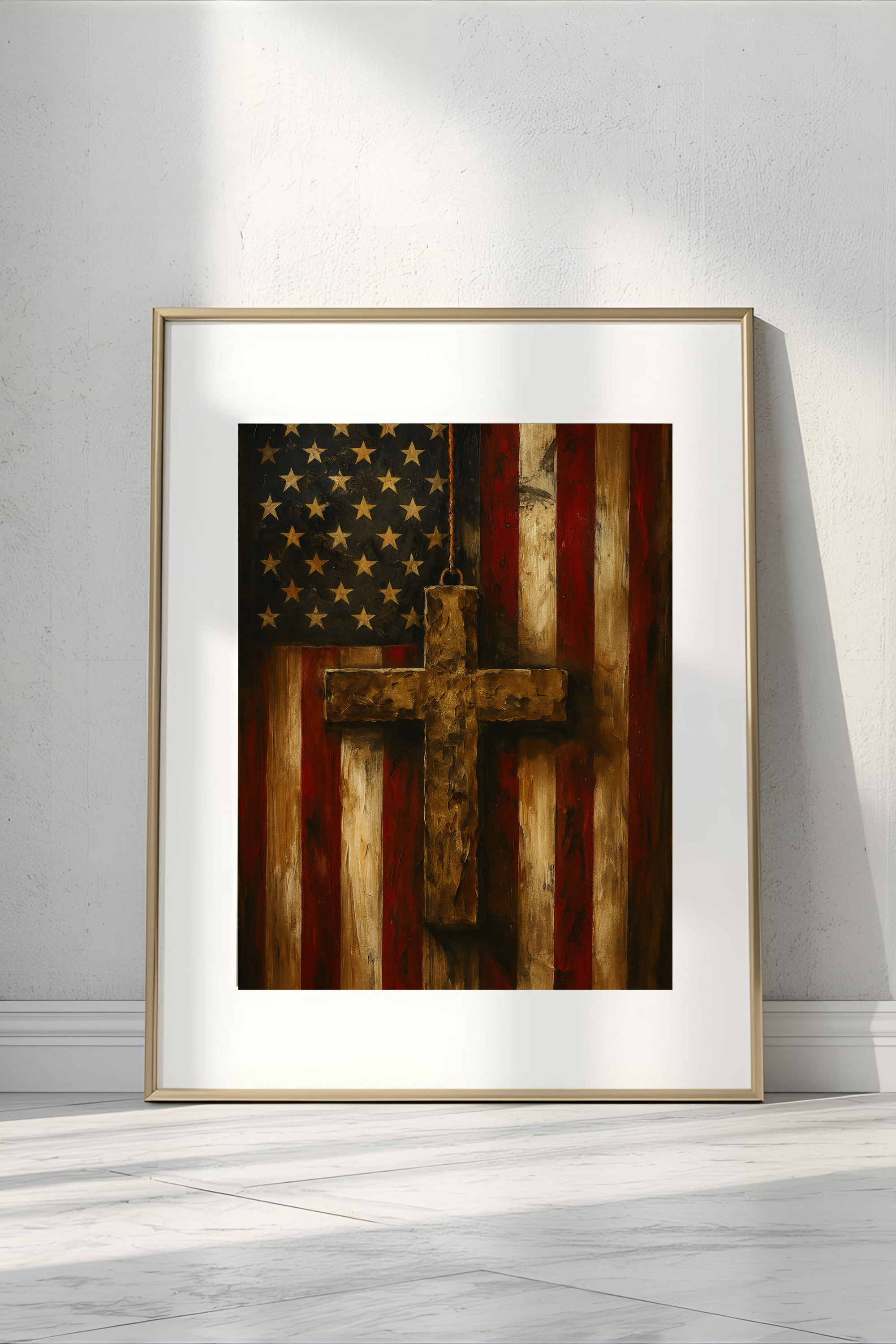 Christian Country Poster - American Flag & Cross Wall Art | Patriotic Faith-Based Home Decor Print
