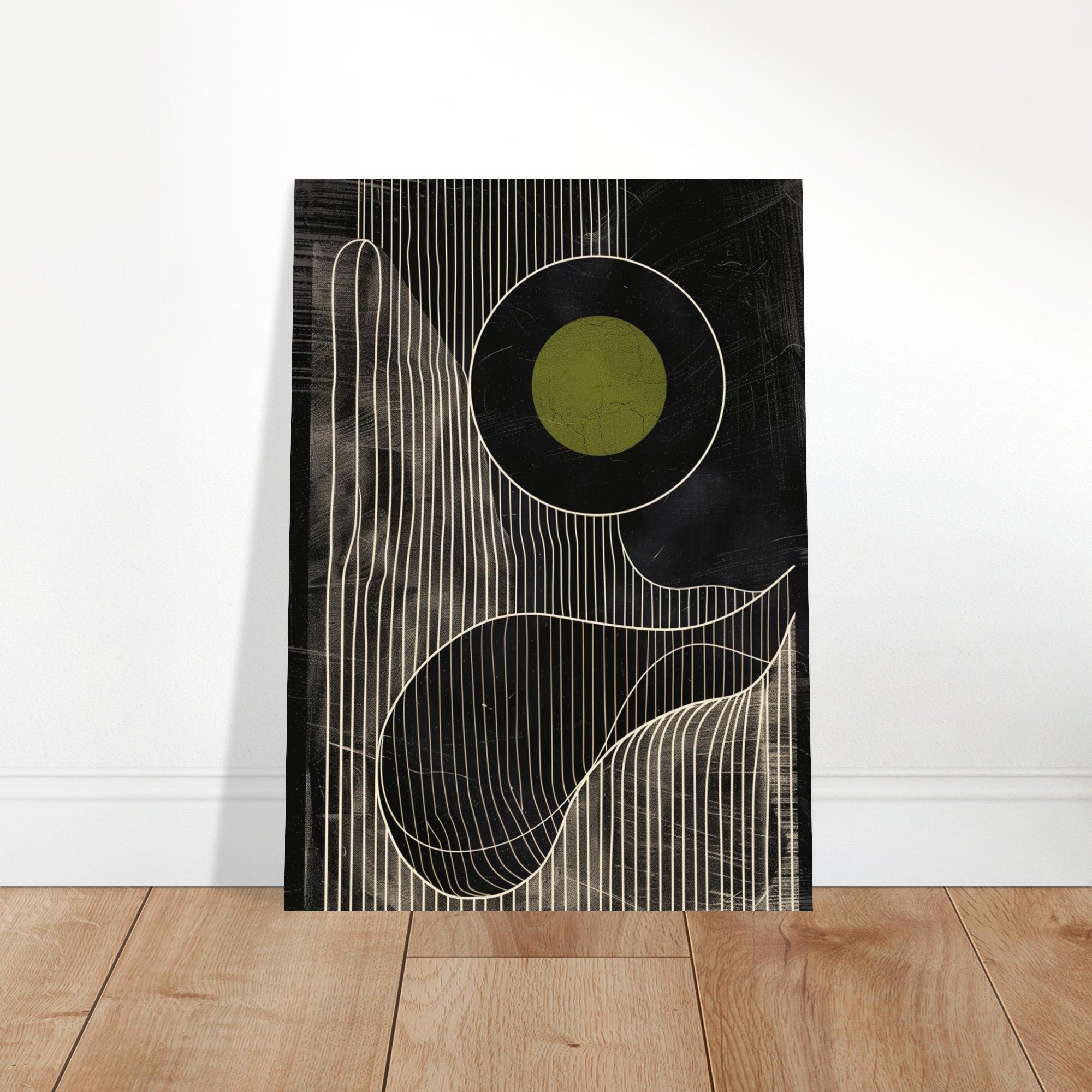 Olive Eclipse: Linear Noir Abstraction - Modern Minimalist Wall Art Print 13x18 cm 5x7″