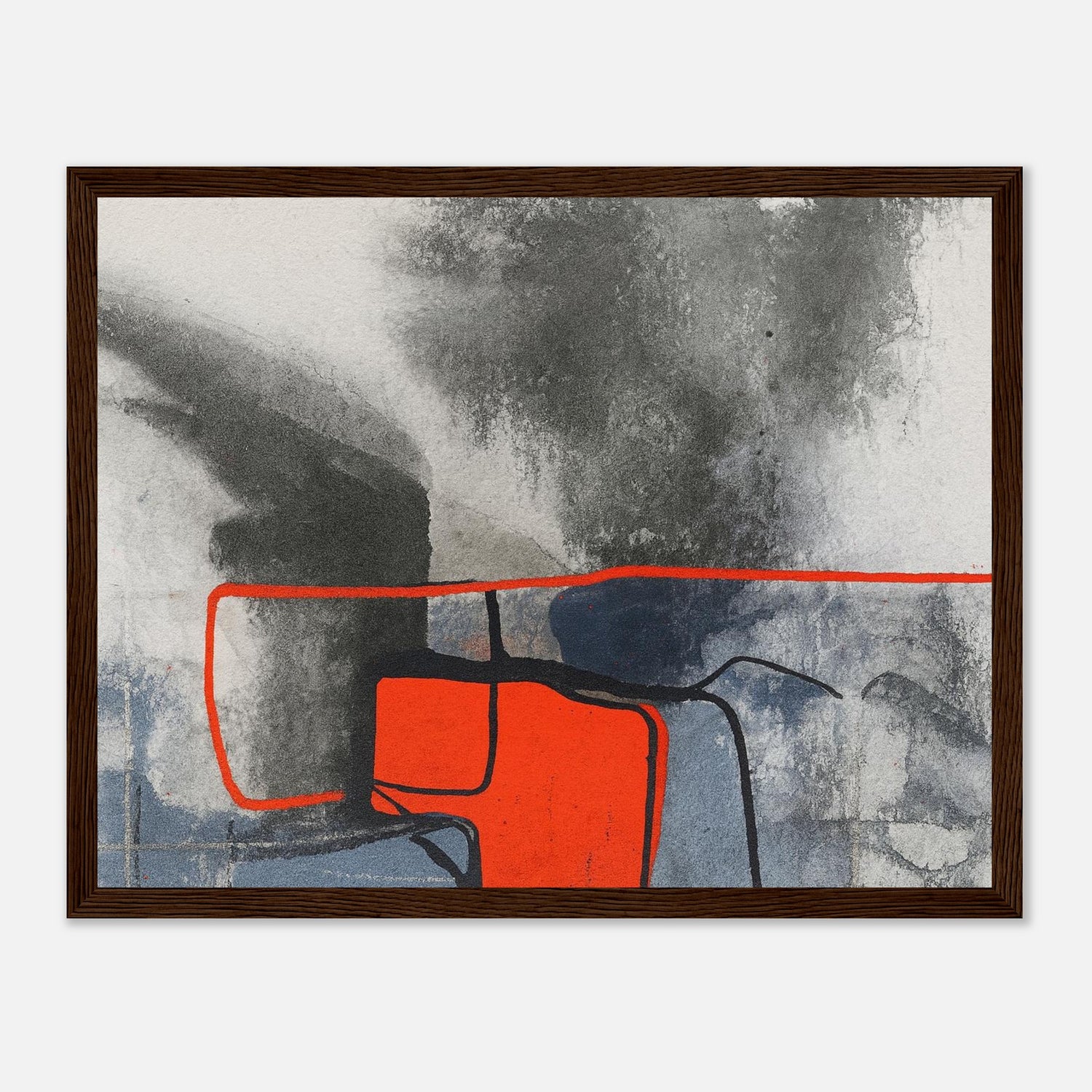 Urban Ember – Abstract Expressionist Print with Red Accents, Modern Art Poster, Moody Watercolor - Matte Wooden Framed 27x35 cm 11x14″ Dark wood frame