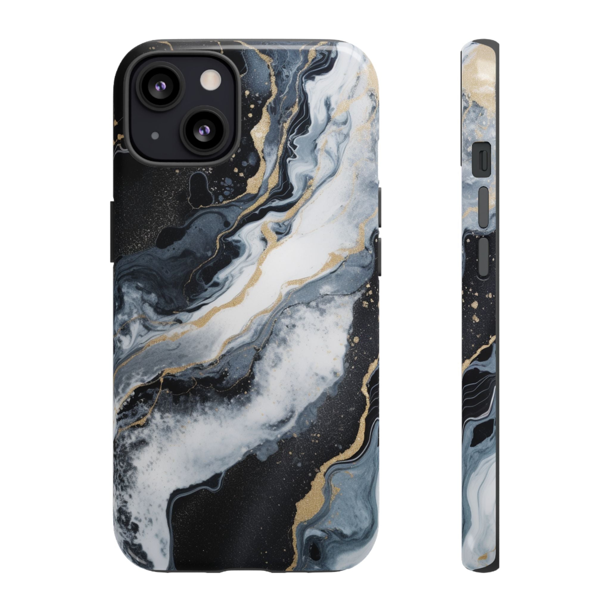 Celestial Marble Phone Case - Black & Gold Swirl Design iPhone 13 Glossy