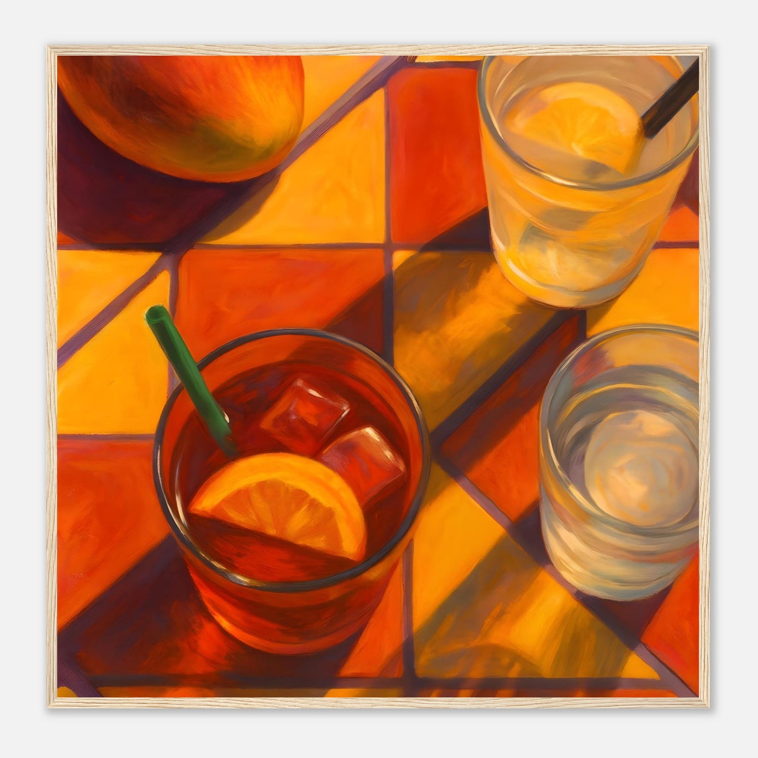 Vibrant Mango & Citrus Still Life Poster - Warm Tile Aesthetic Wall Art - Wooden Framed Poster 70x70 cm 28x28″ Wood frame