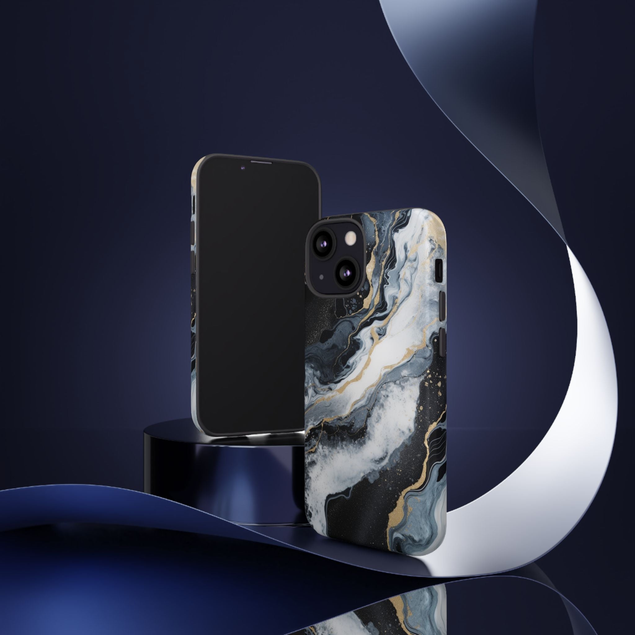 Celestial Marble Phone Case - Black & Gold Swirl Design