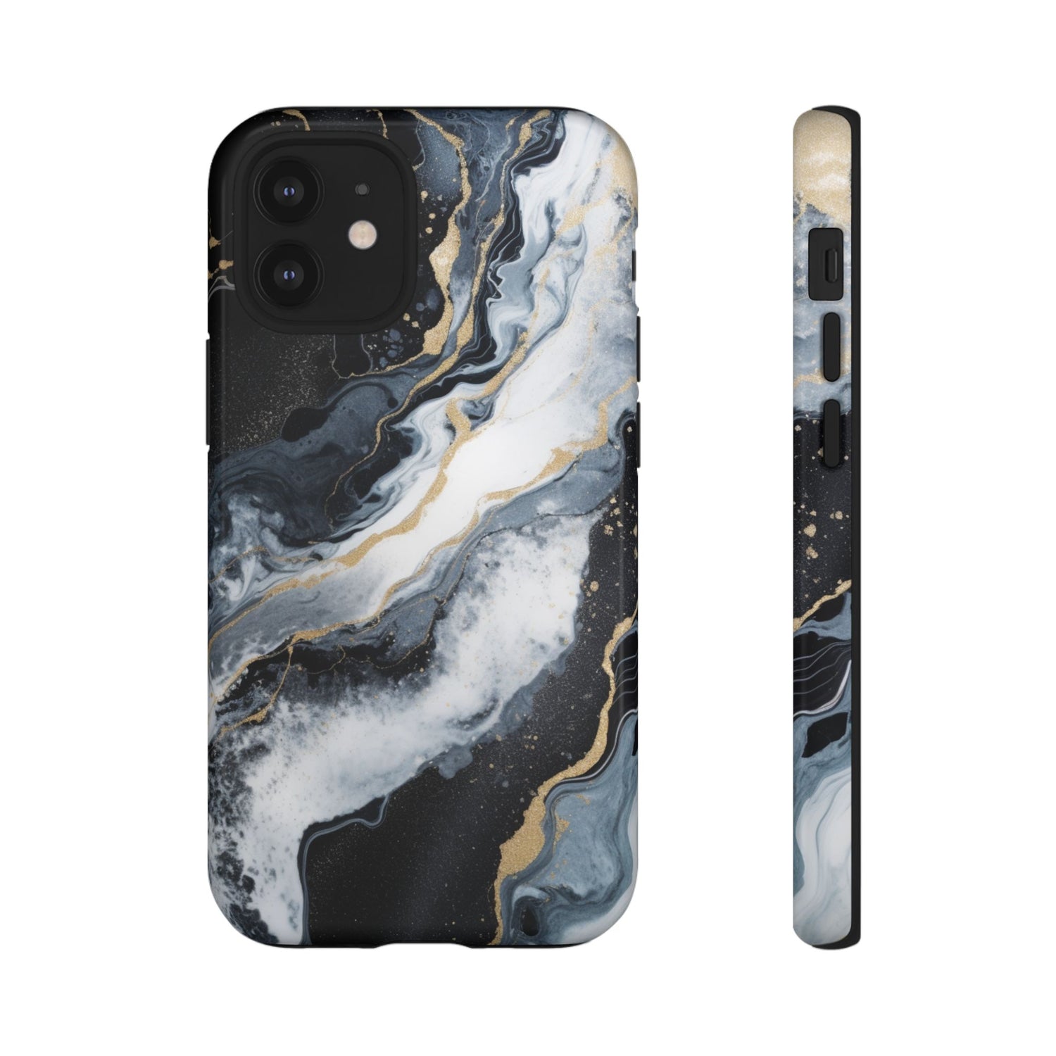 Celestial Marble Phone Case - Black & Gold Swirl Design iPhone 12 Mini Glossy